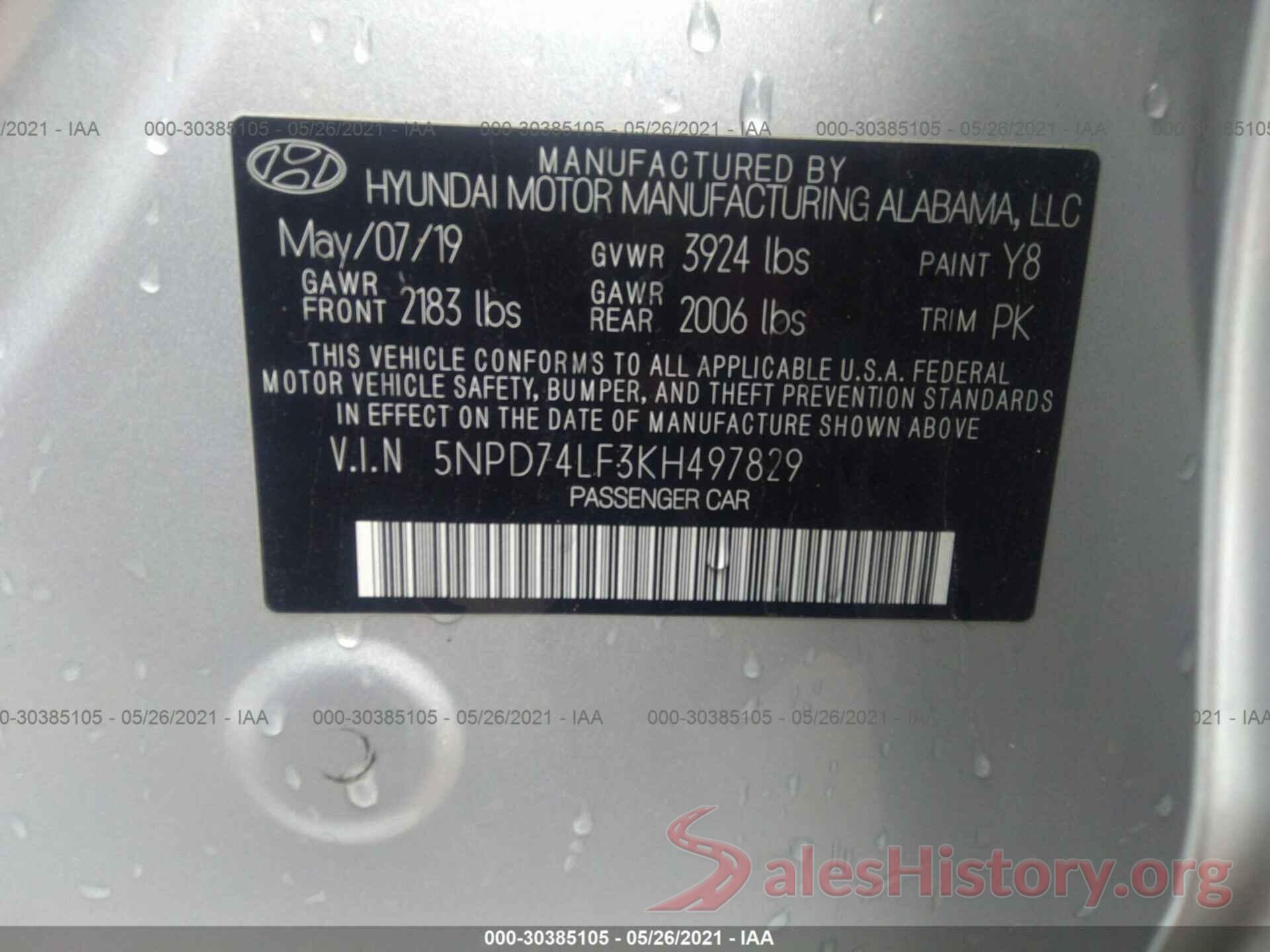 5NPD74LF3KH497829 2019 HYUNDAI ELANTRA