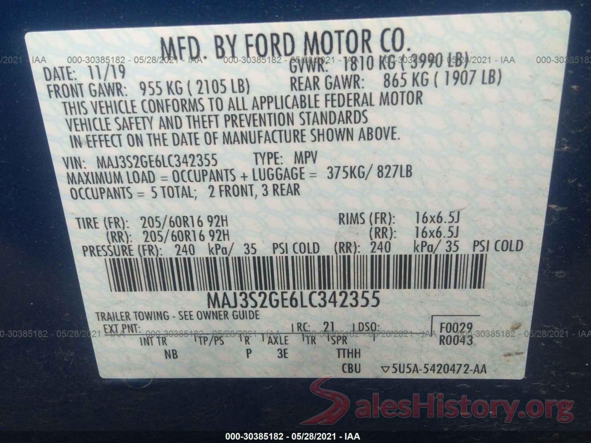 MAJ3S2GE6LC342355 2020 FORD ECOSPORT