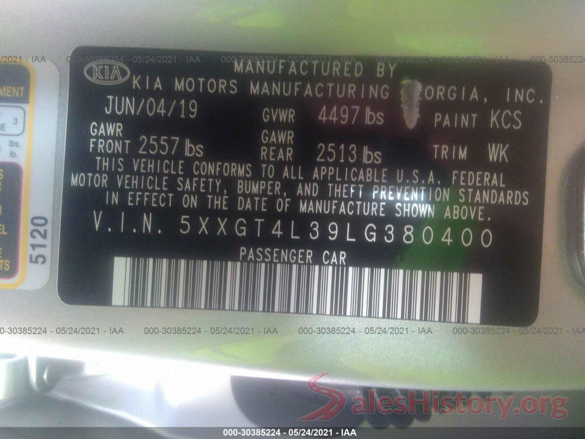 5XXGT4L39LG380400 2020 KIA OPTIMA