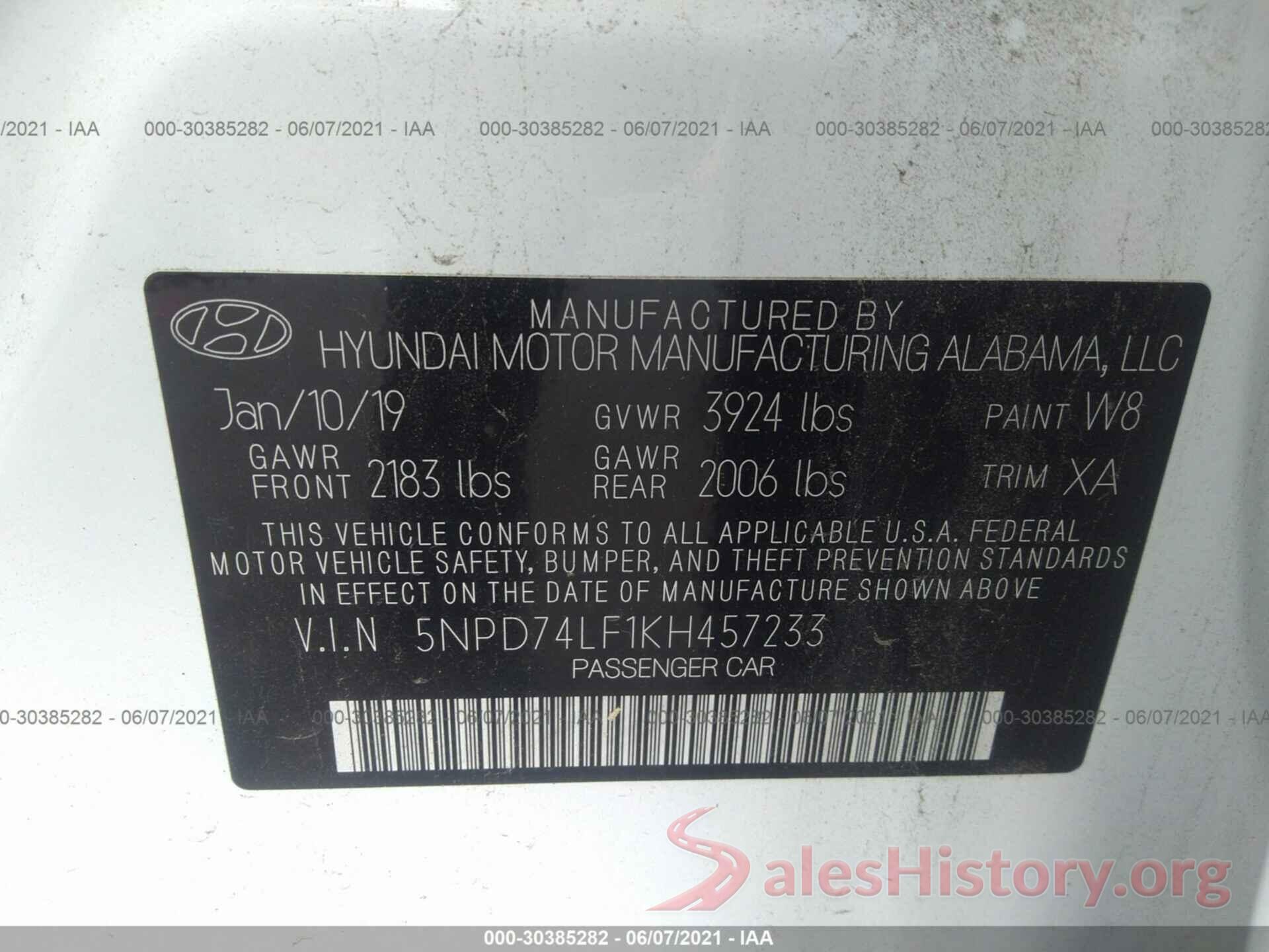 5NPD74LF1KH457233 2019 HYUNDAI ELANTRA