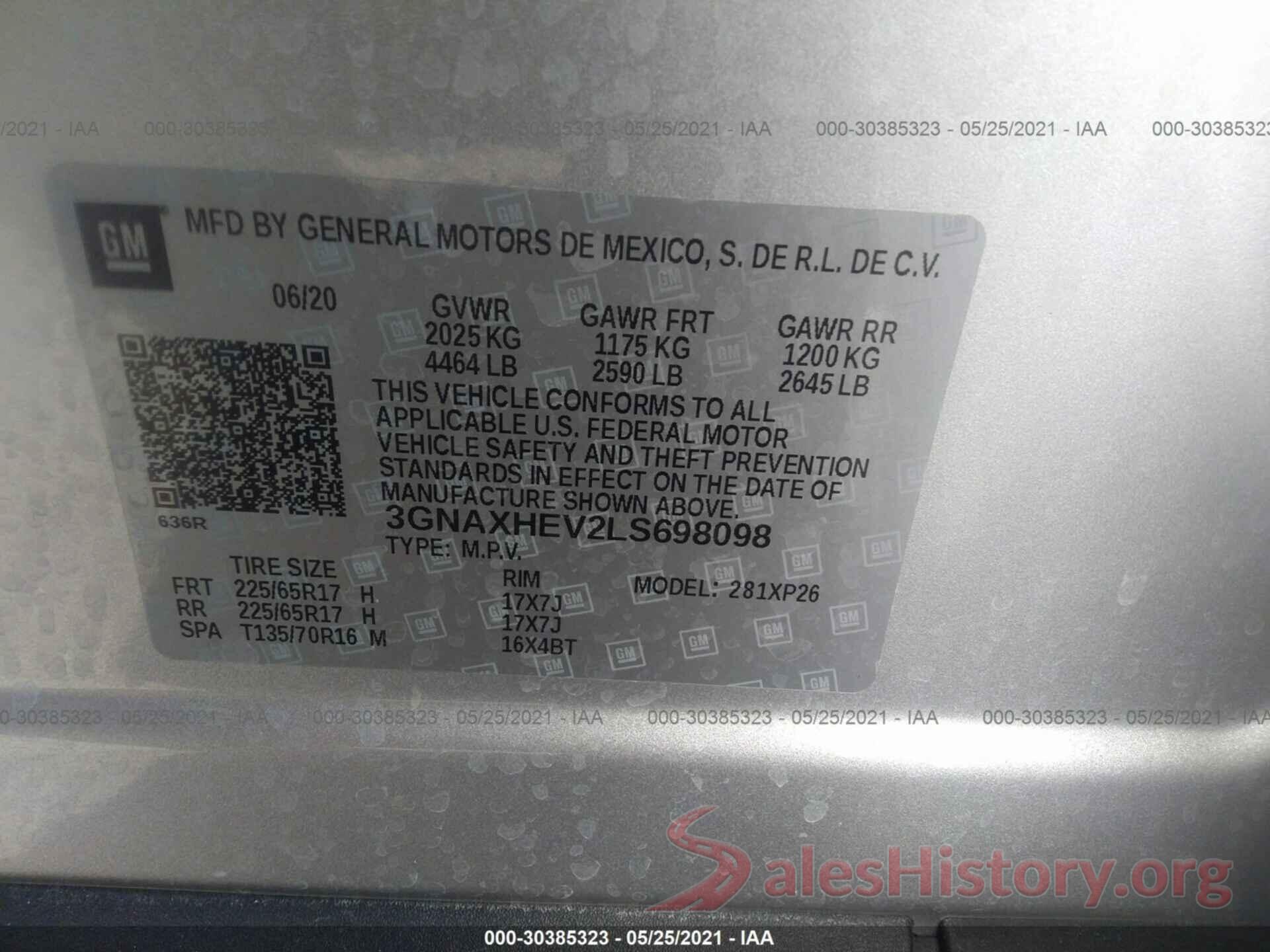 3GNAXHEV2LS698098 2020 CHEVROLET EQUINOX