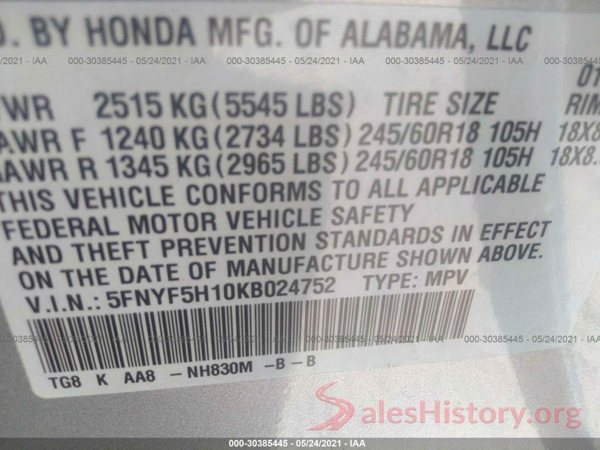 5FNYF5H10KB024752 2019 HONDA PILOT