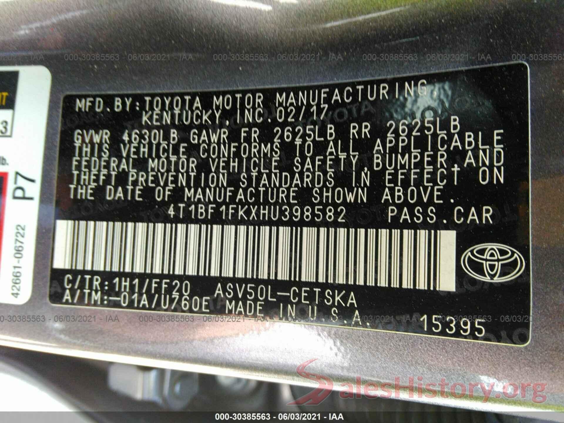 4T1BF1FKXHU398582 2017 TOYOTA CAMRY