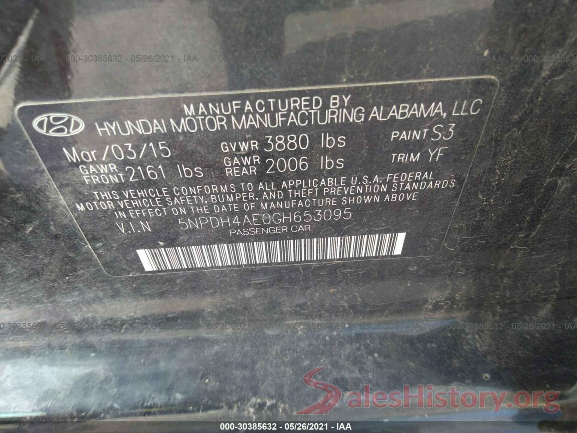 5NPDH4AE0GH653095 2016 HYUNDAI ELANTRA