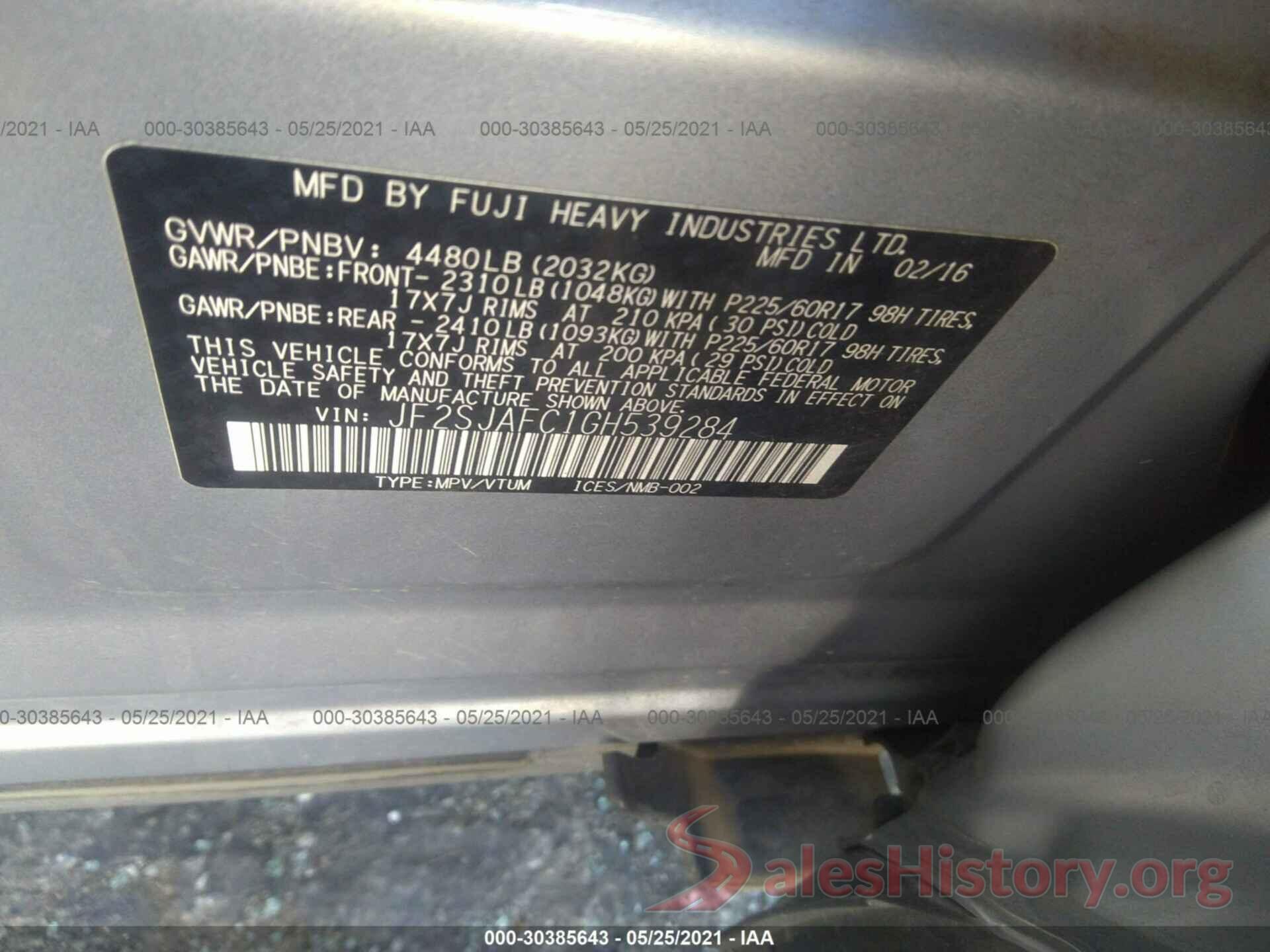 JF2SJAFC1GH539284 2016 SUBARU FORESTER