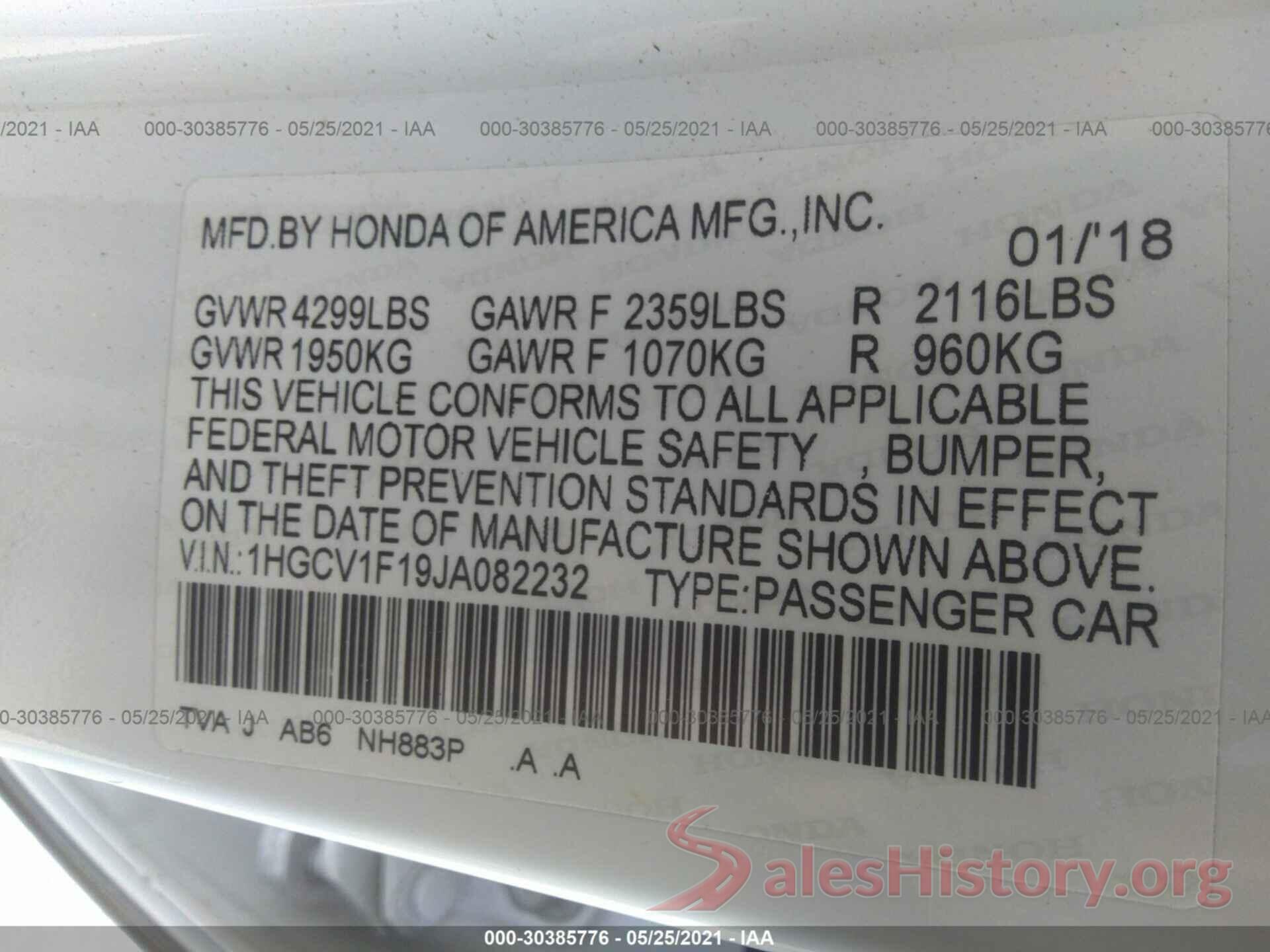 1HGCV1F19JA082232 2018 HONDA ACCORD SEDAN