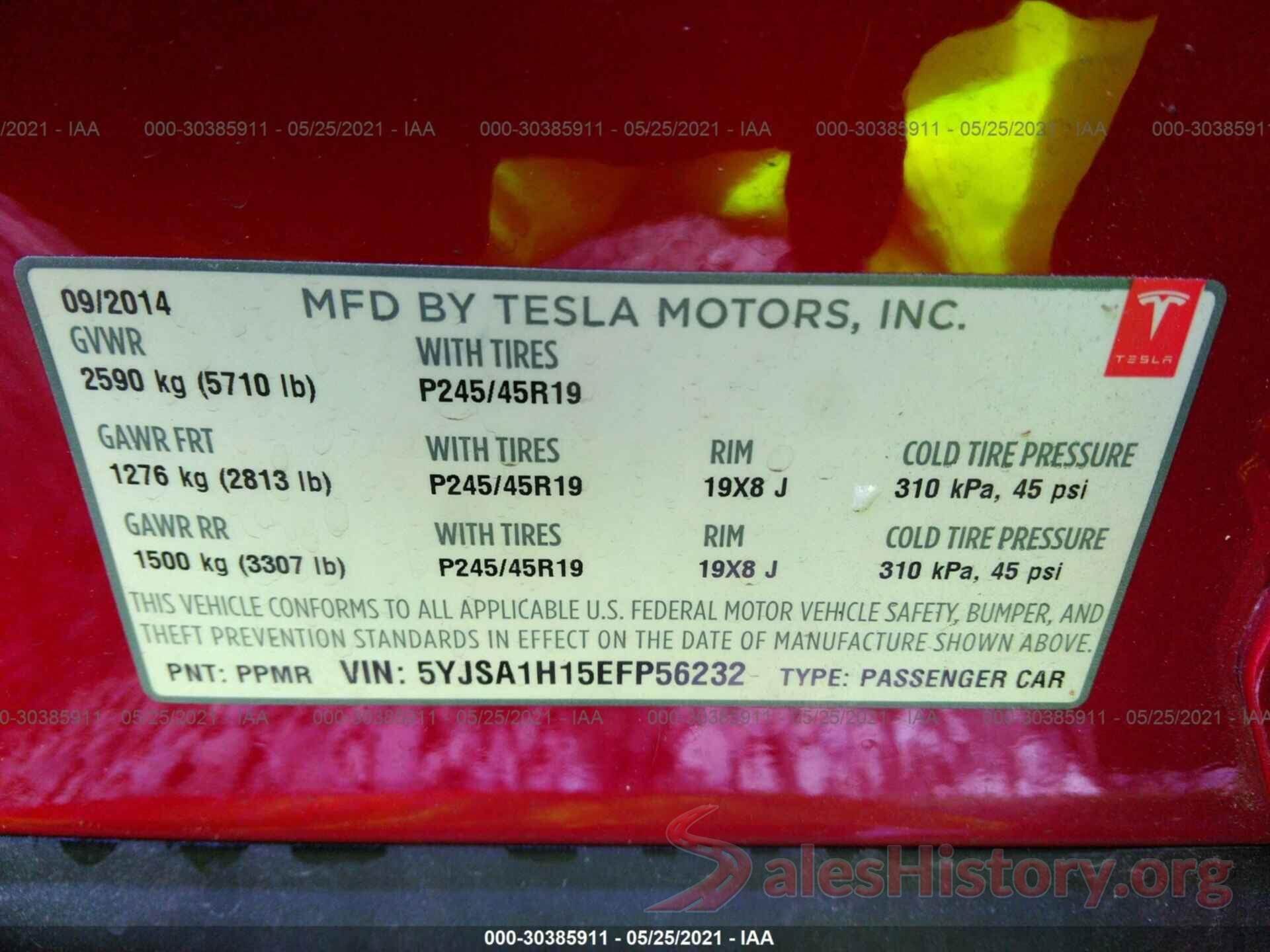 5YJSA1H15EFP56232 2014 TESLA MODEL S