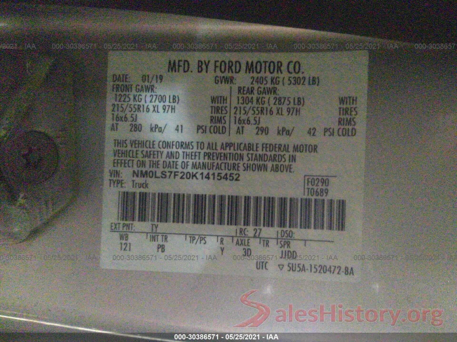 NM0LS7F20K1415452 2019 FORD TRANSIT CONNECT VAN