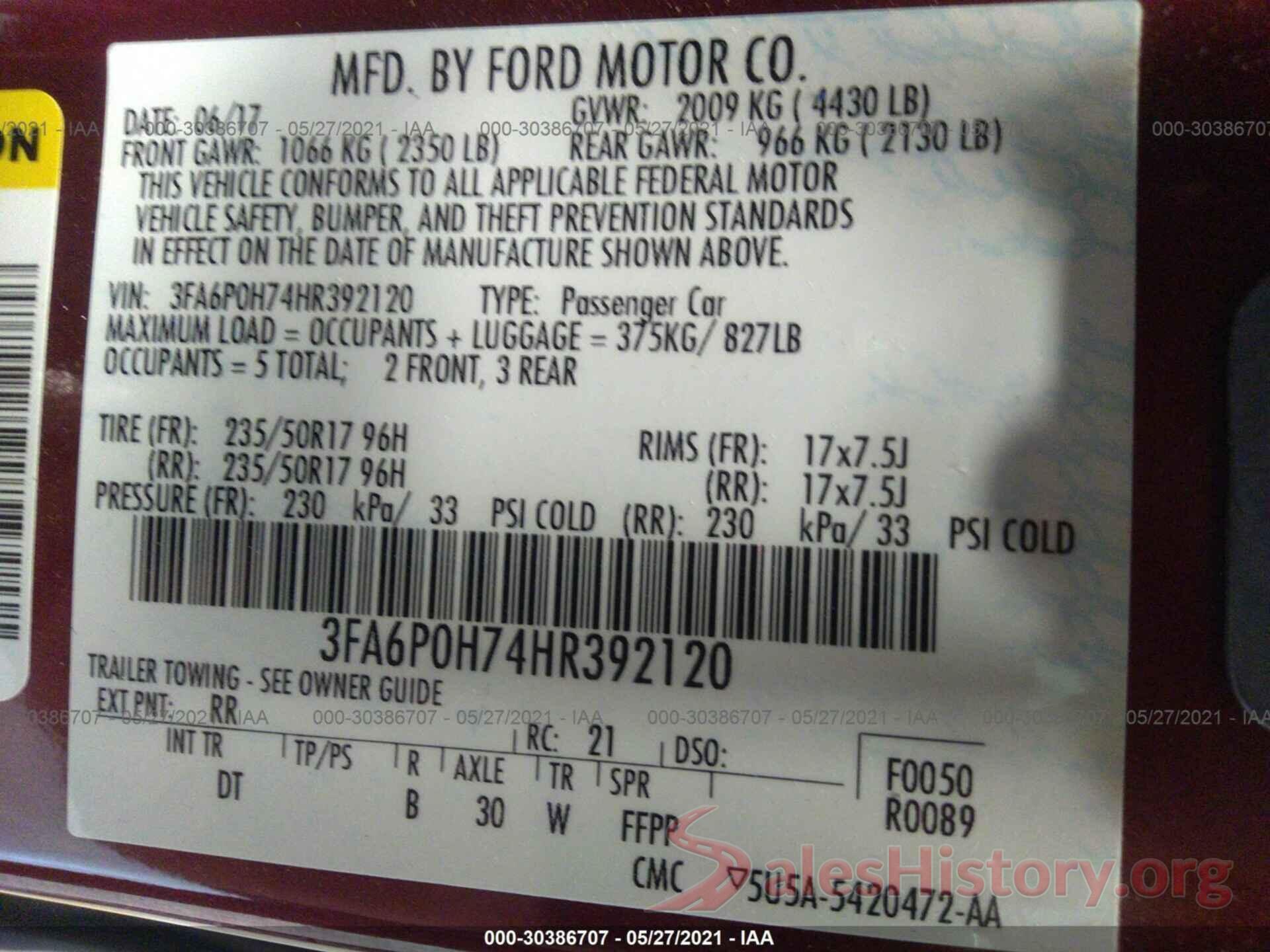 3FA6P0H74HR392120 2017 FORD FUSION