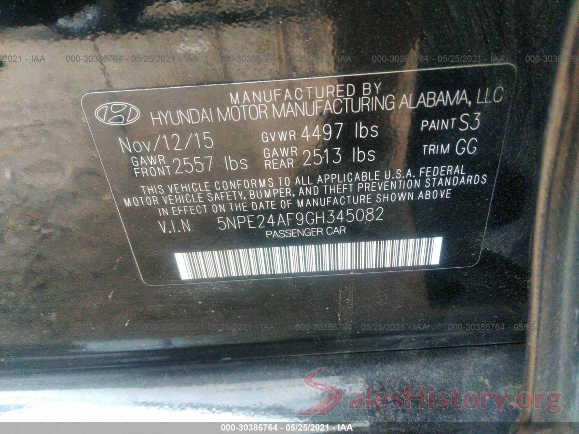 5NPE24AF9GH345082 2016 HYUNDAI SONATA