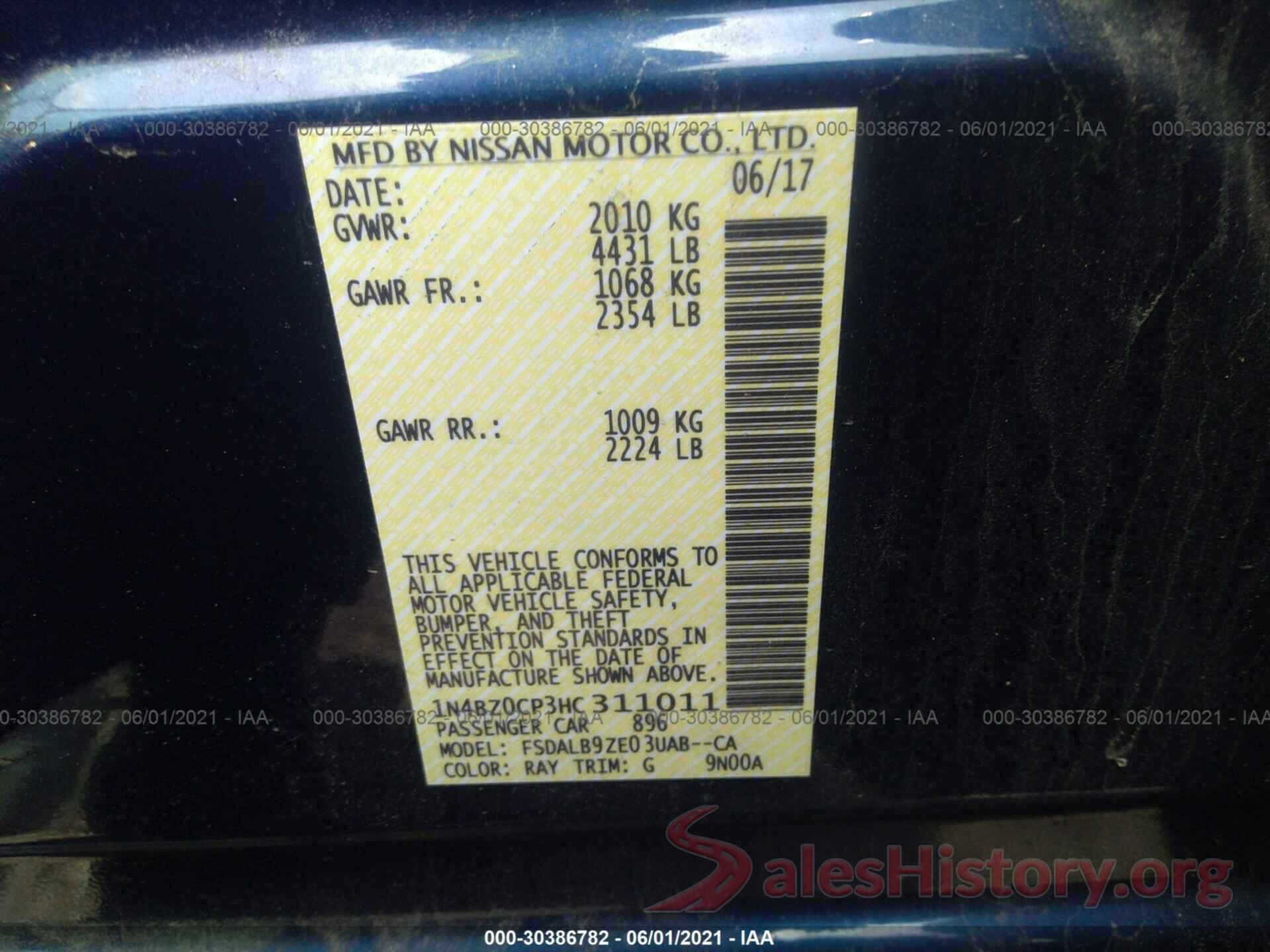 1N4BZ0CP3HC311011 2017 NISSAN LEAF