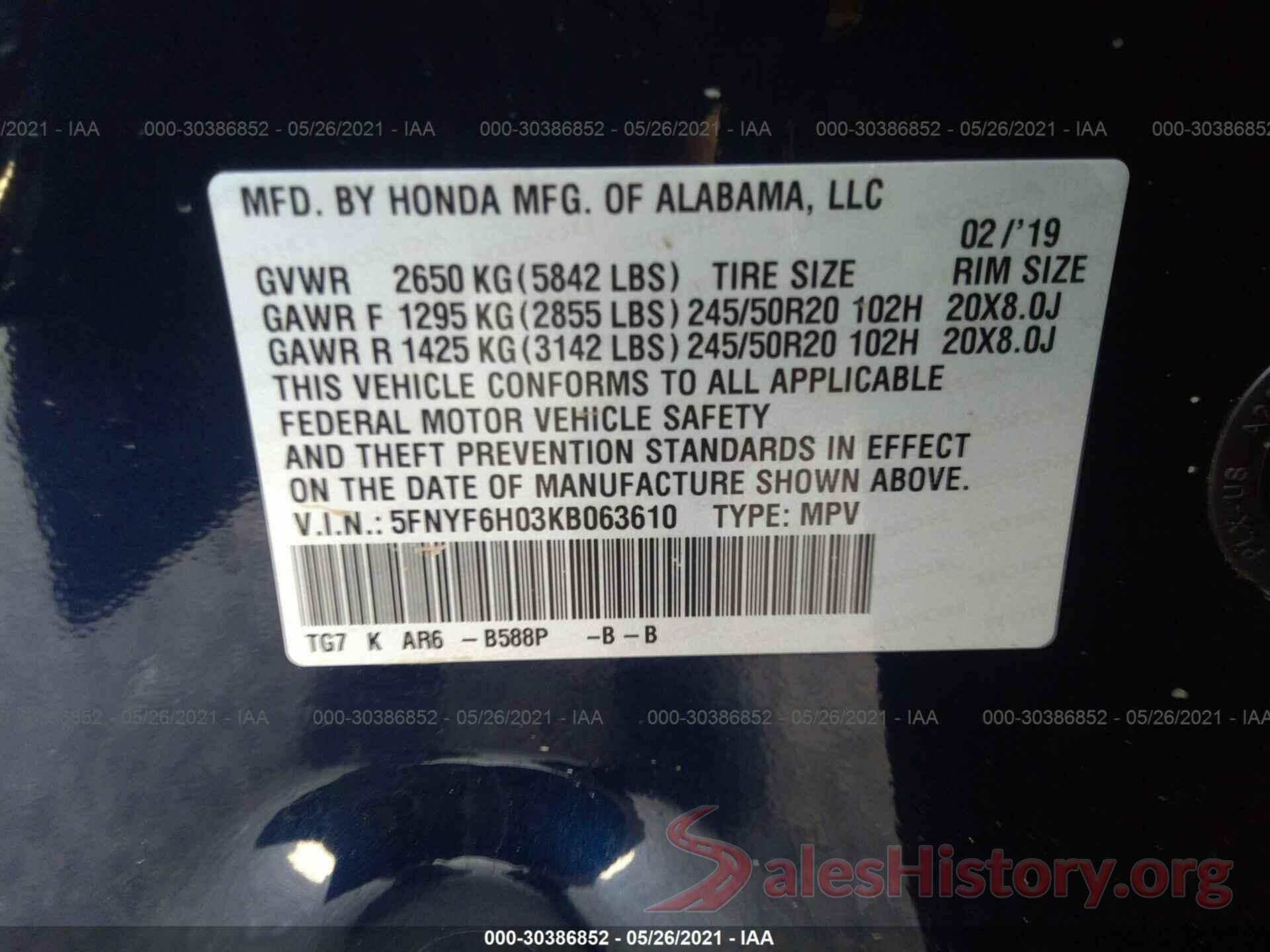 5FNYF6H03KB063610 2019 HONDA PILOT