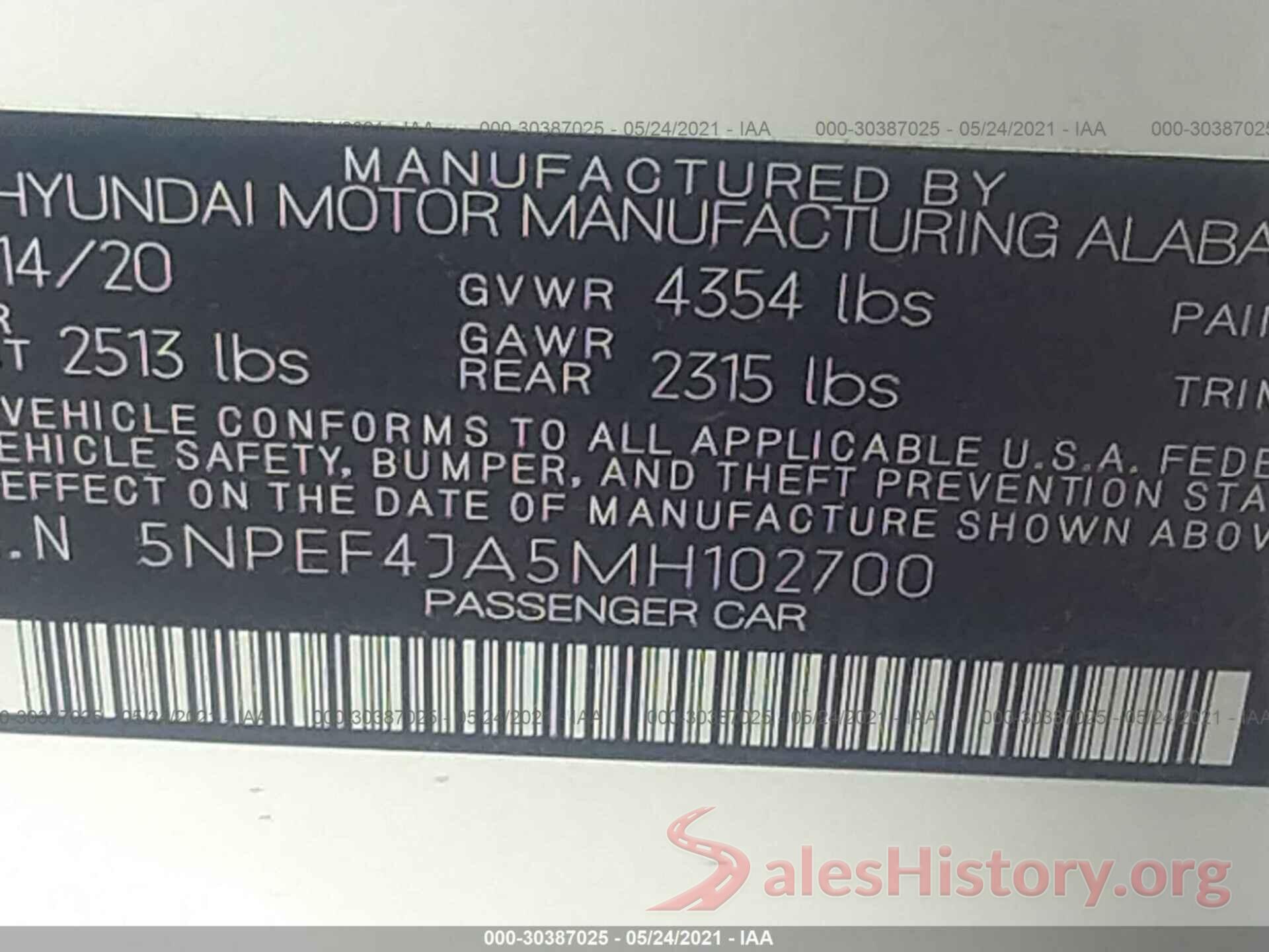 5NPEF4JA5MH102700 2021 HYUNDAI SONATA