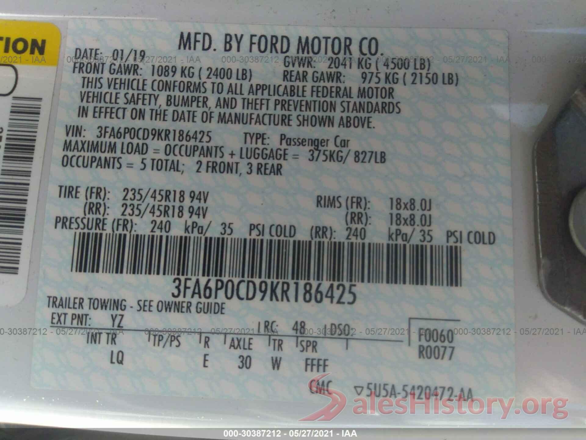 3FA6P0CD9KR186425 2019 FORD FUSION