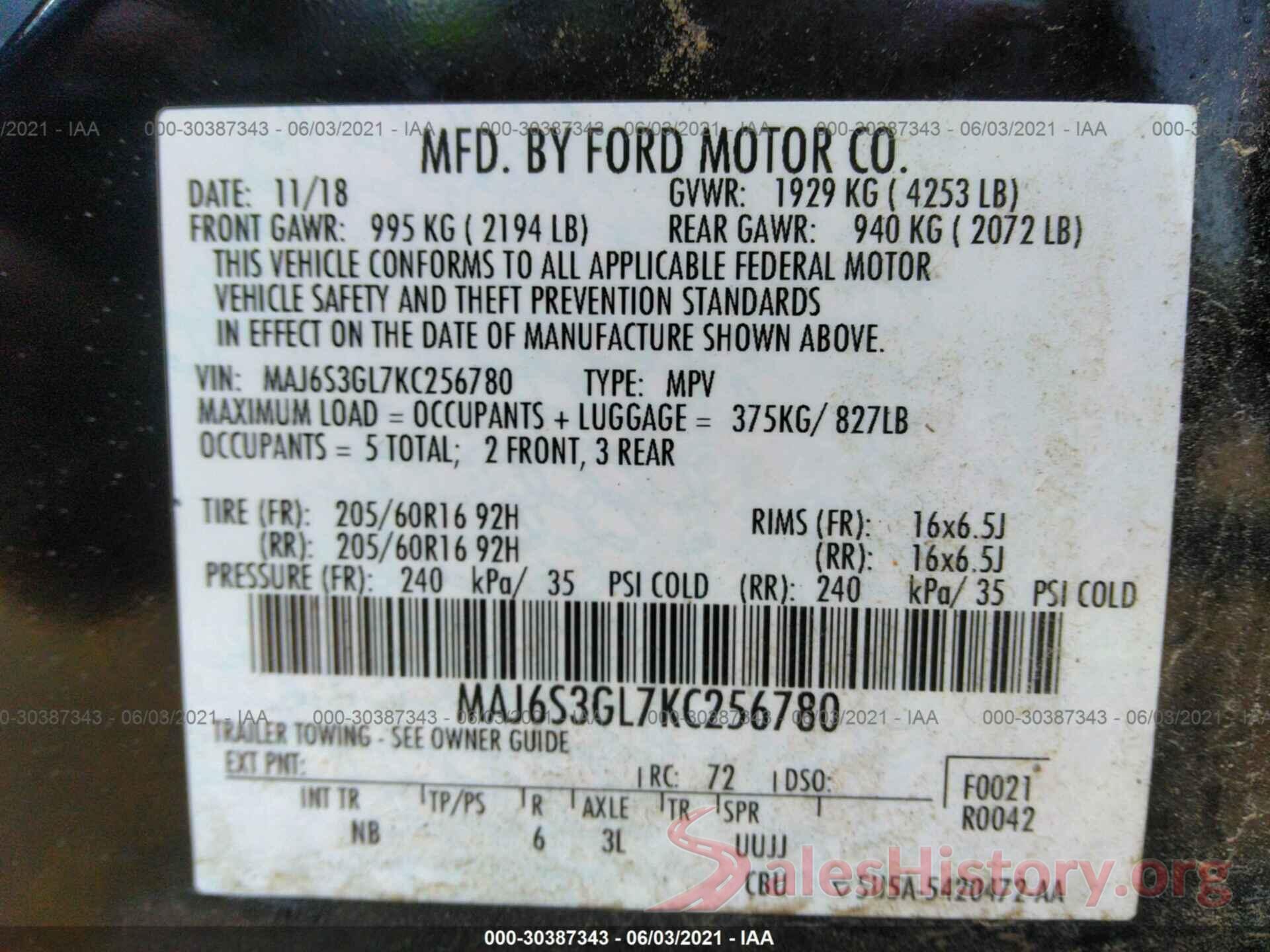 MAJ6S3GL7KC256780 2019 FORD ECOSPORT