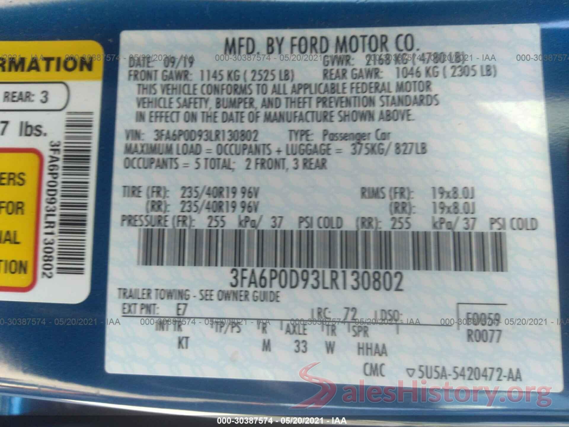 3FA6P0D93LR130802 2020 FORD FUSION