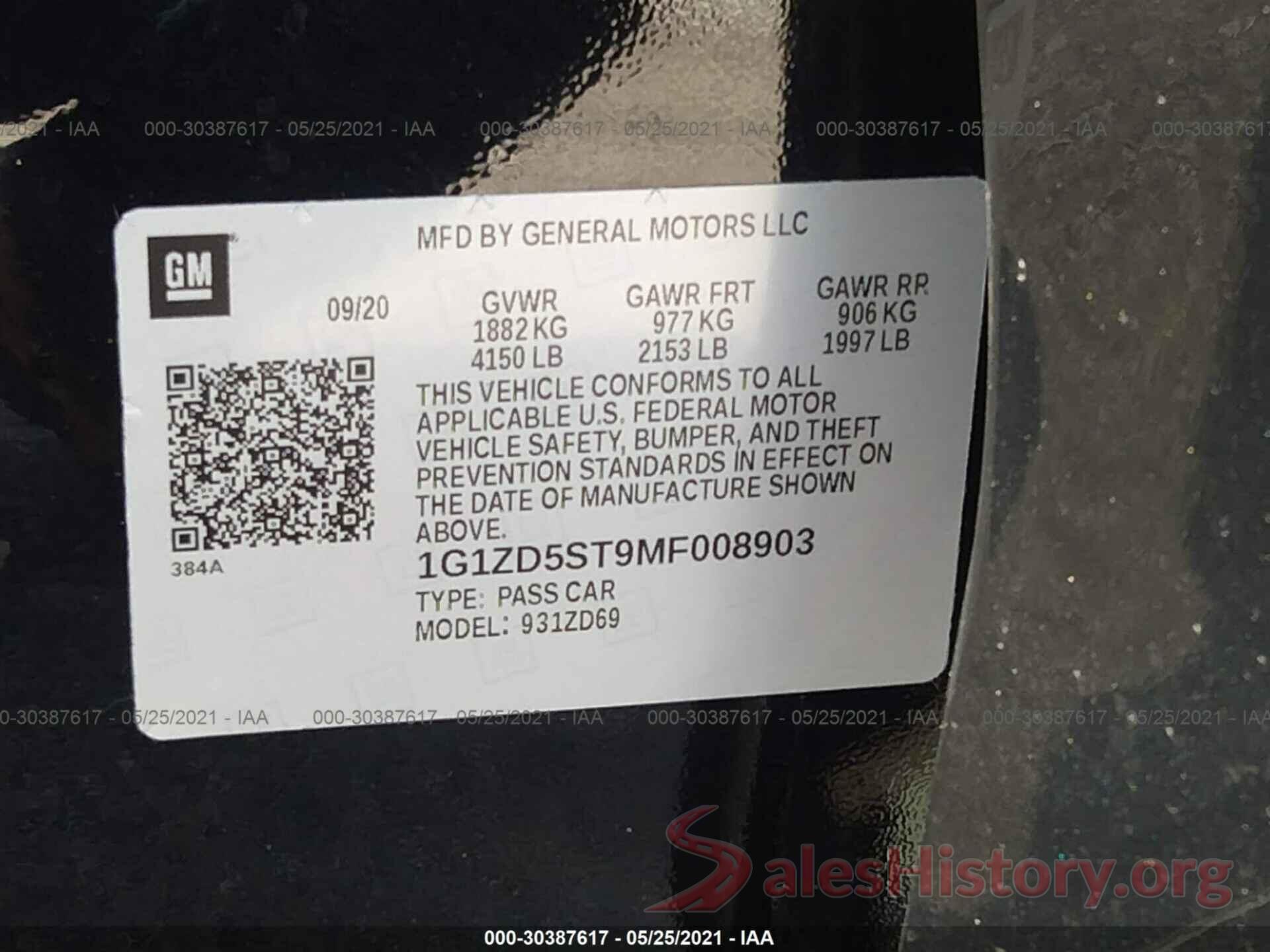 1G1ZD5ST9MF008903 2021 CHEVROLET MALIBU