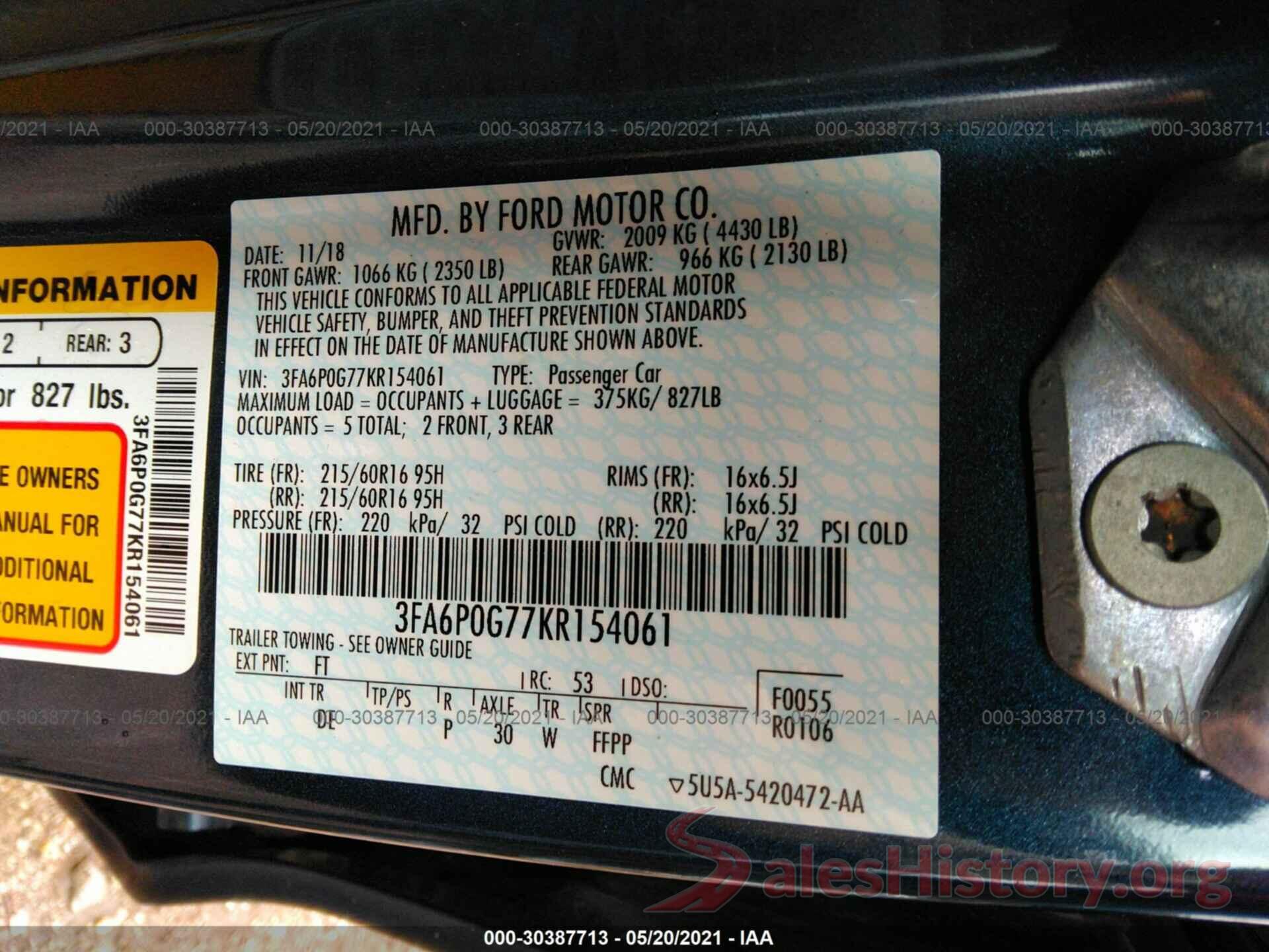 3FA6P0G77KR154061 2019 FORD FUSION