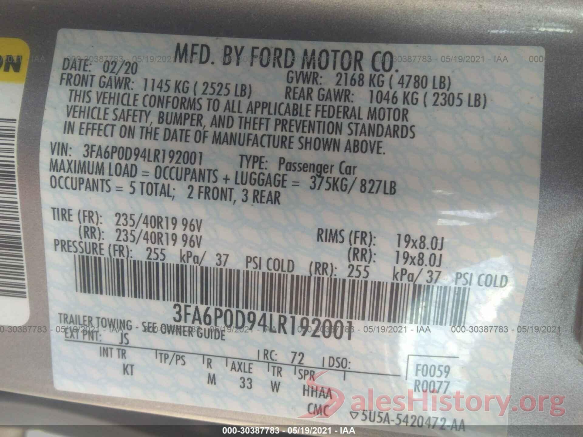 3FA6P0D94LR192001 2020 FORD FUSION