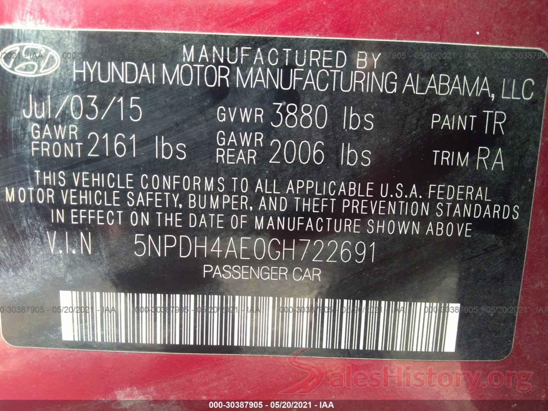 5NPDH4AE0GH722691 2016 HYUNDAI ELANTRA