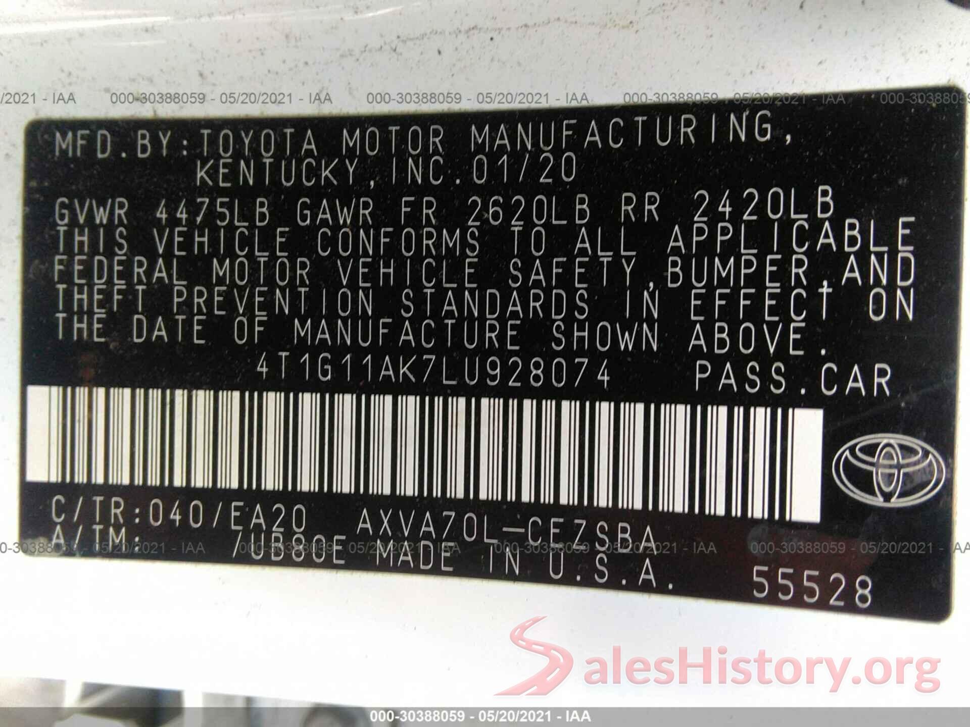 4T1G11AK7LU928074 2020 TOYOTA CAMRY