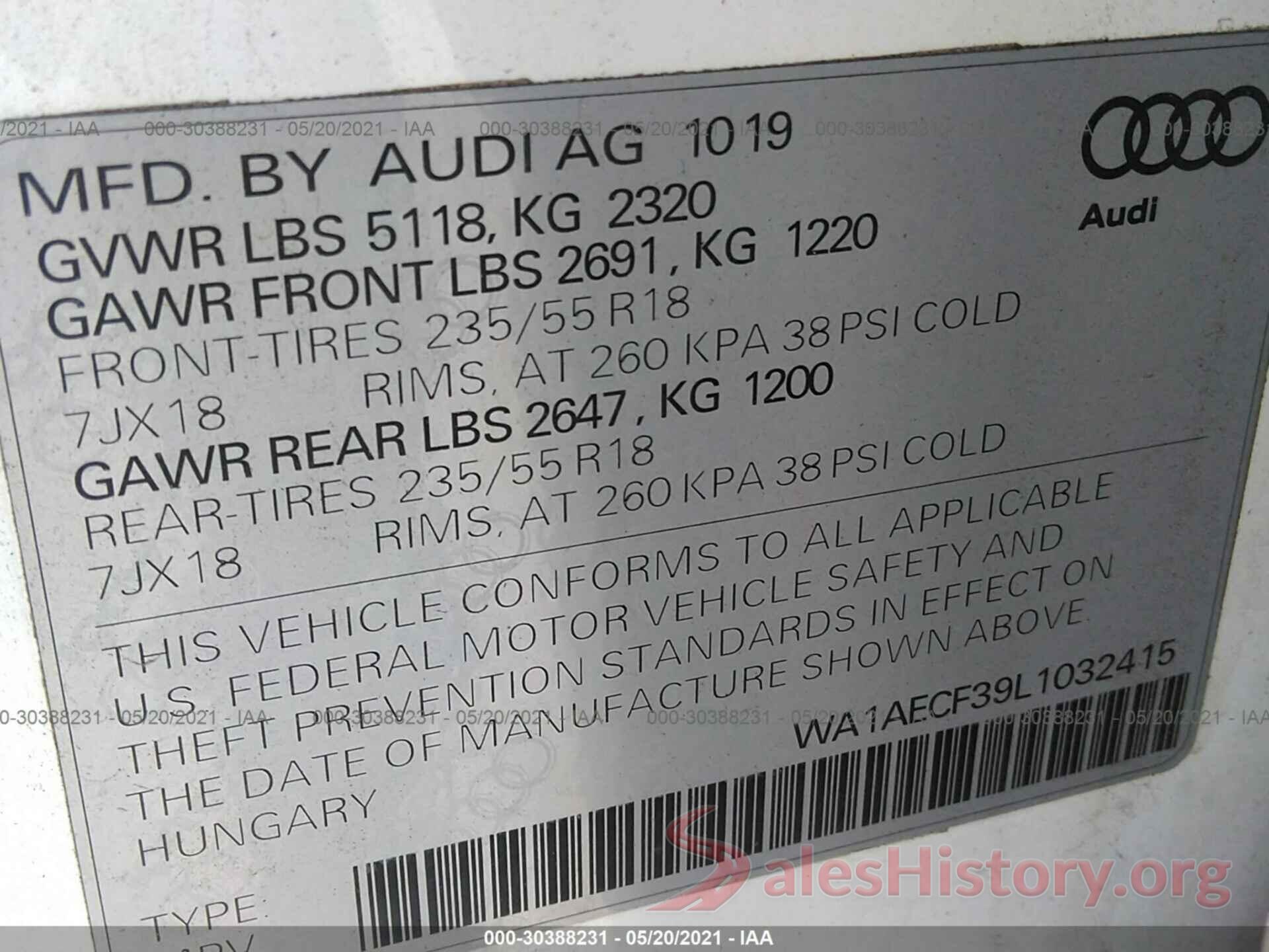 WA1AECF39L1032415 2020 AUDI Q3