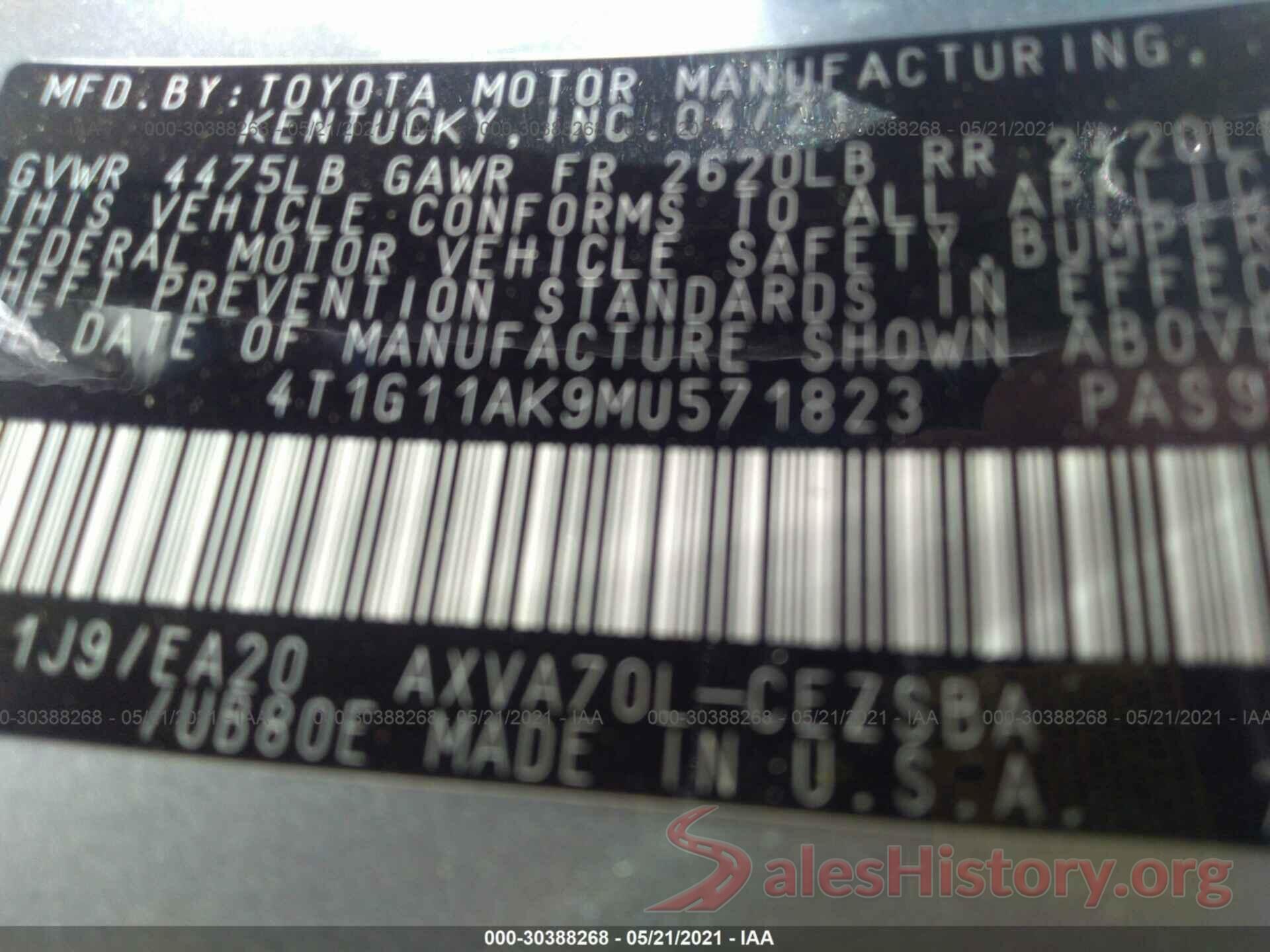 4T1G11AK9MU571823 2021 TOYOTA CAMRY