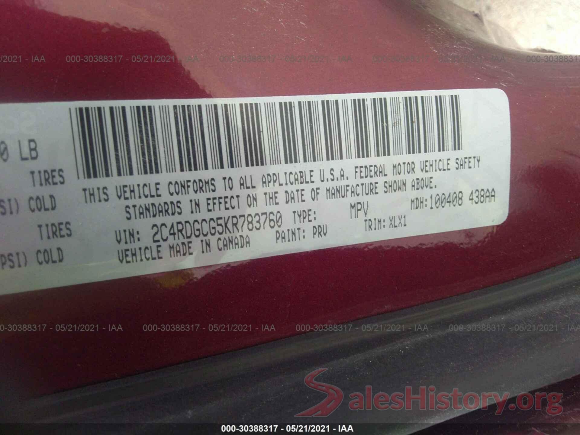 2C4RDGCG5KR783760 2019 DODGE GRAND CARAVAN