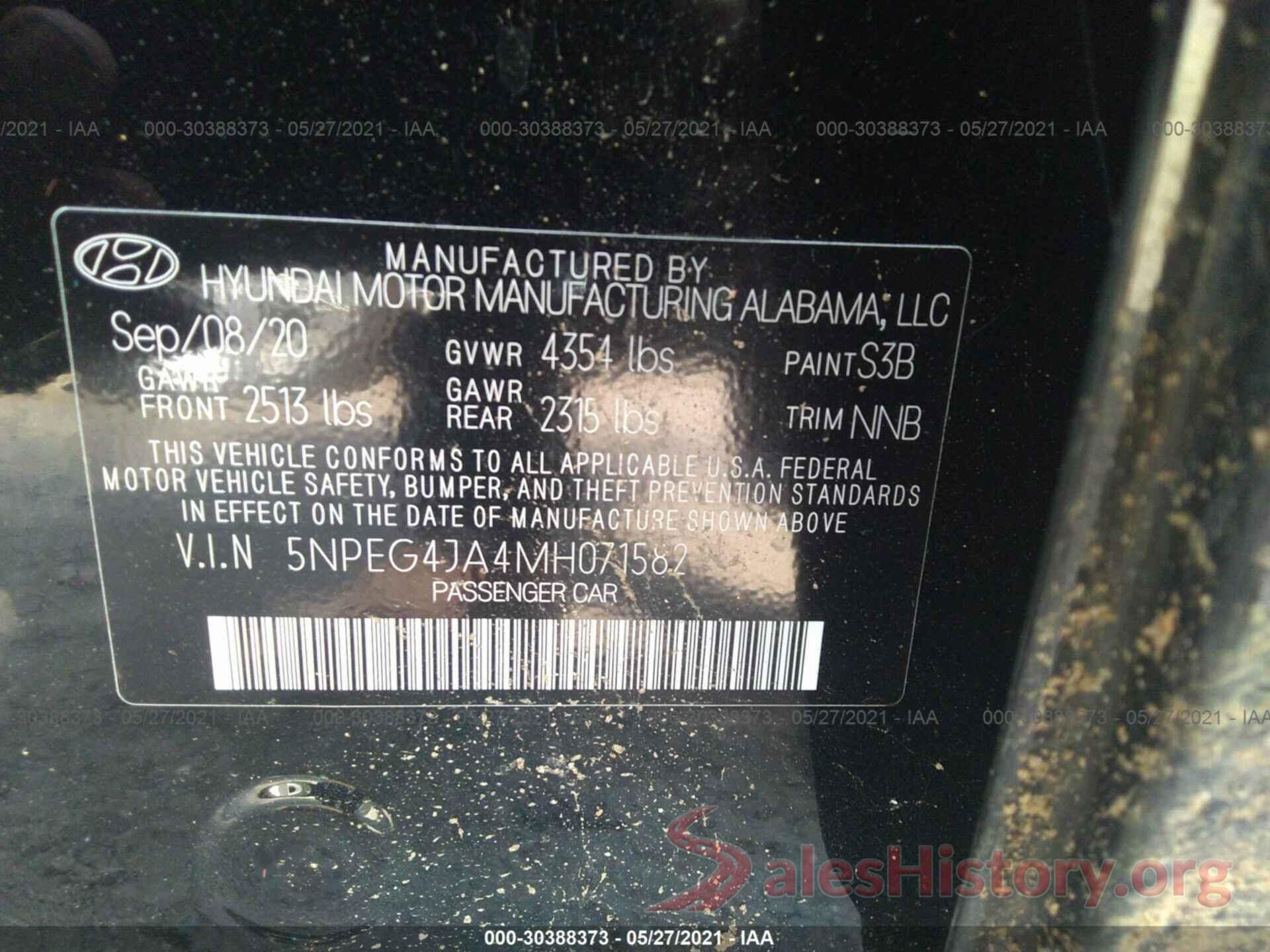 5NPEG4JA4MH071582 2021 HYUNDAI SONATA