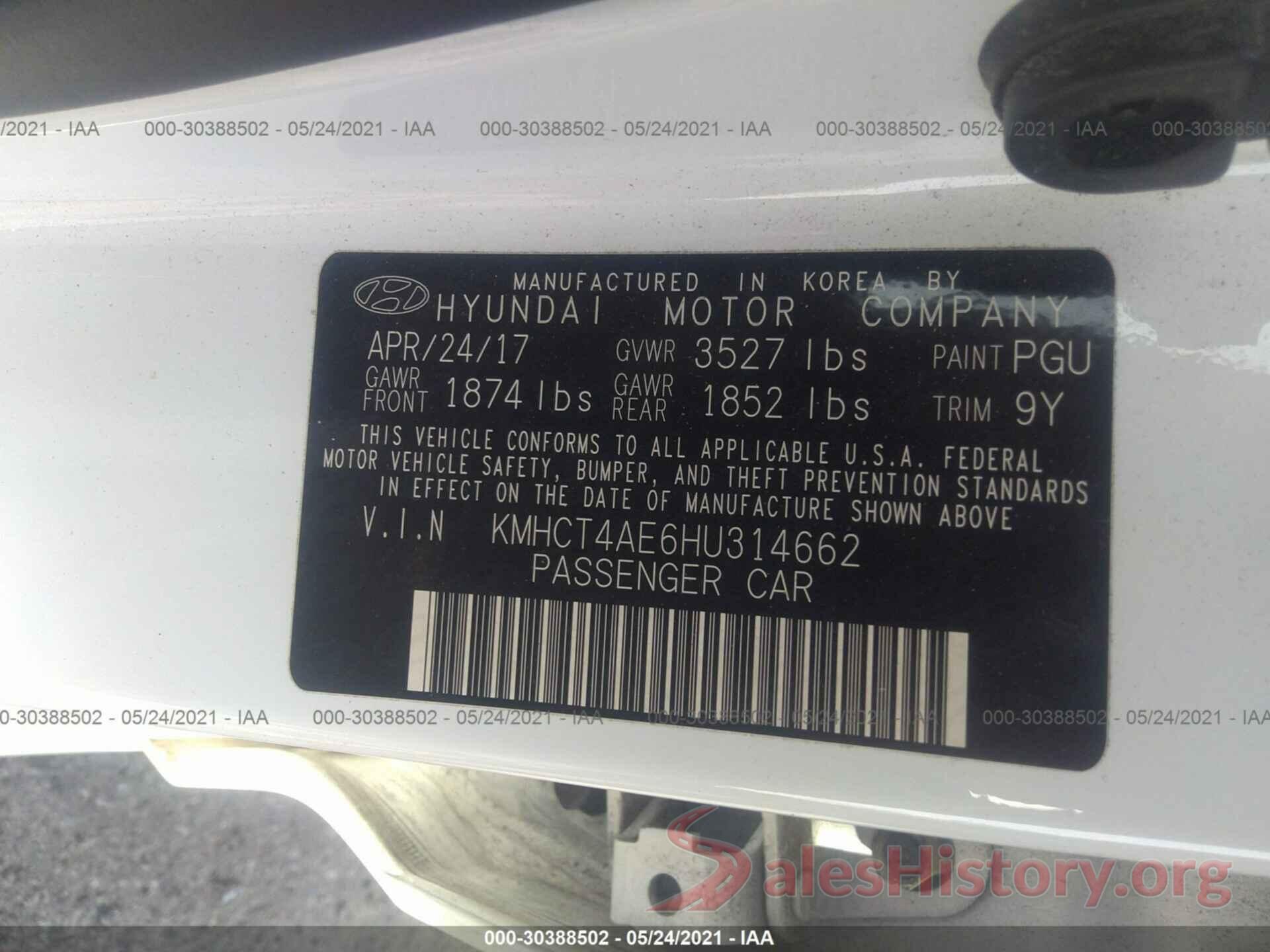 KMHCT4AE6HU314662 2017 HYUNDAI ACCENT