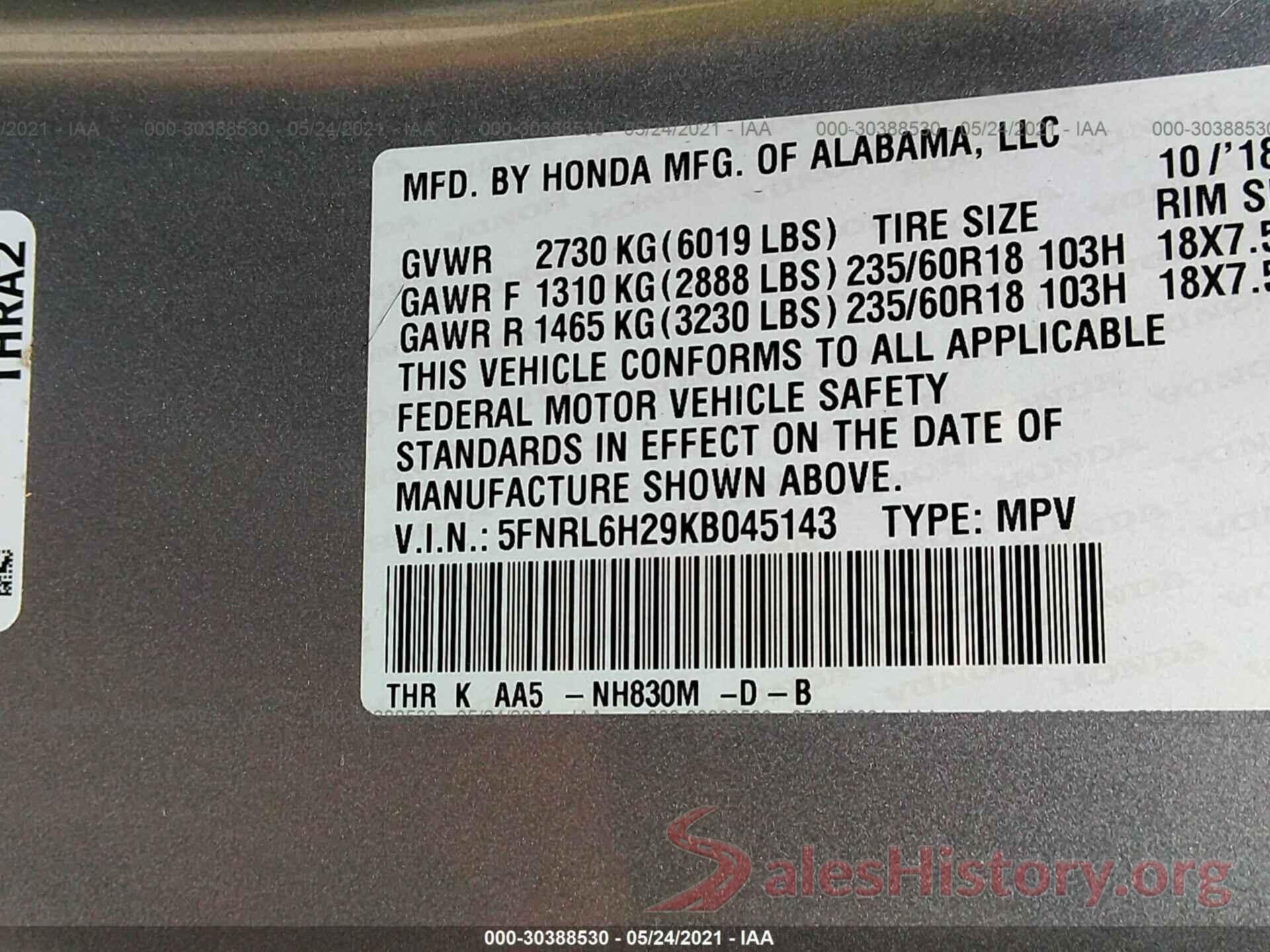 5FNRL6H29KB045143 2019 HONDA ODYSSEY