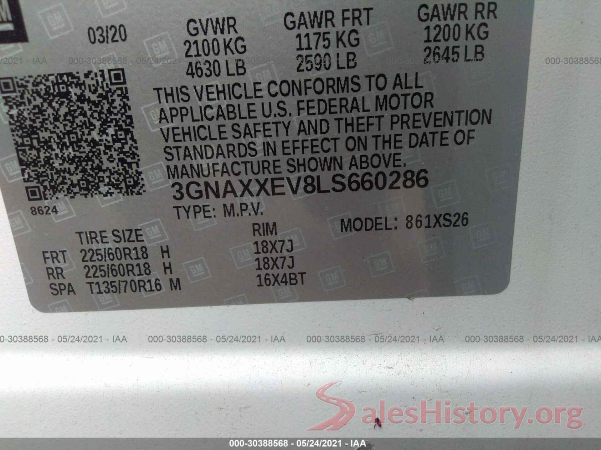 3GNAXXEV8LS660286 2020 CHEVROLET EQUINOX