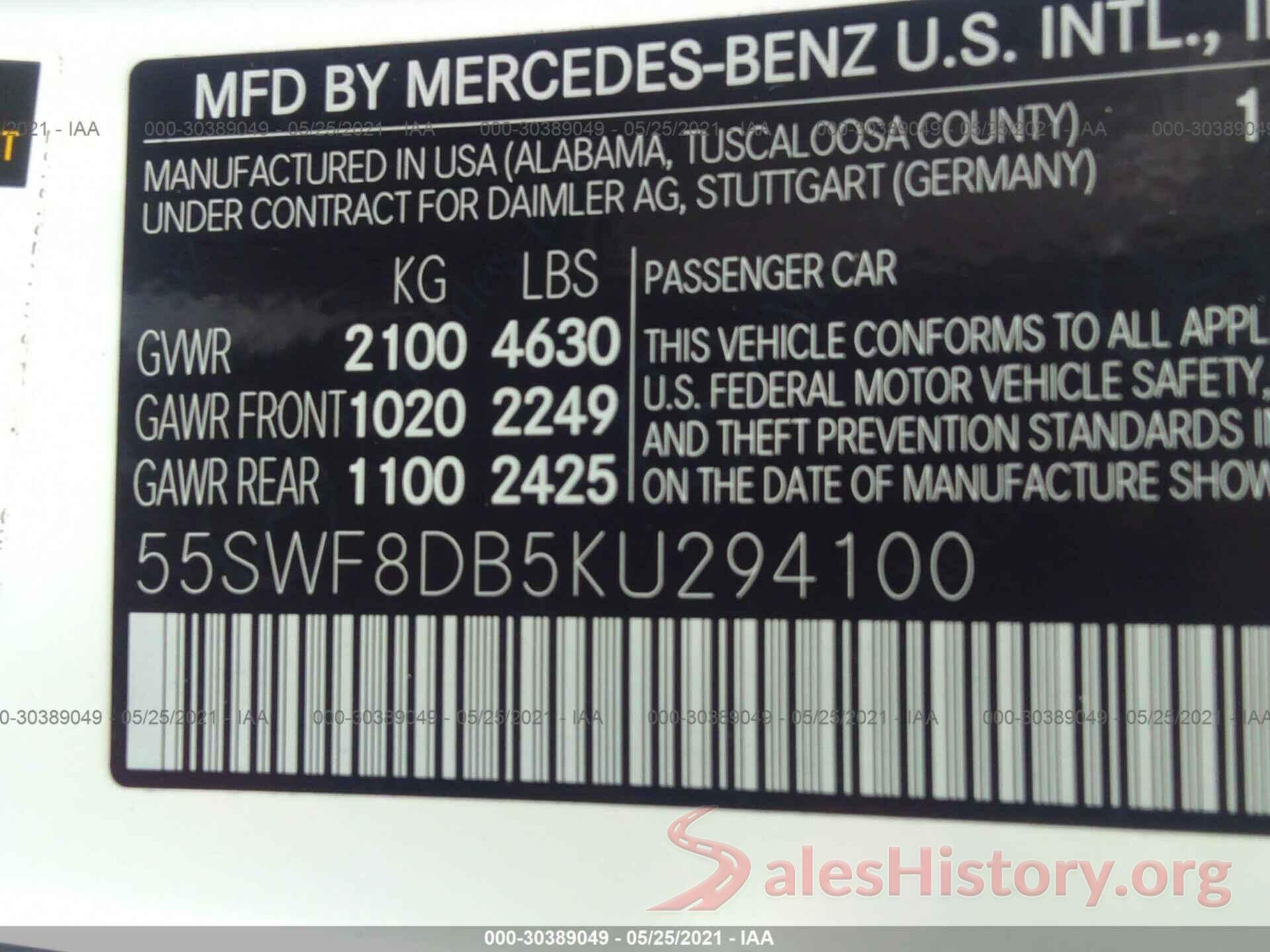 55SWF8DB5KU294100 2019 MERCEDES-BENZ C-CLASS