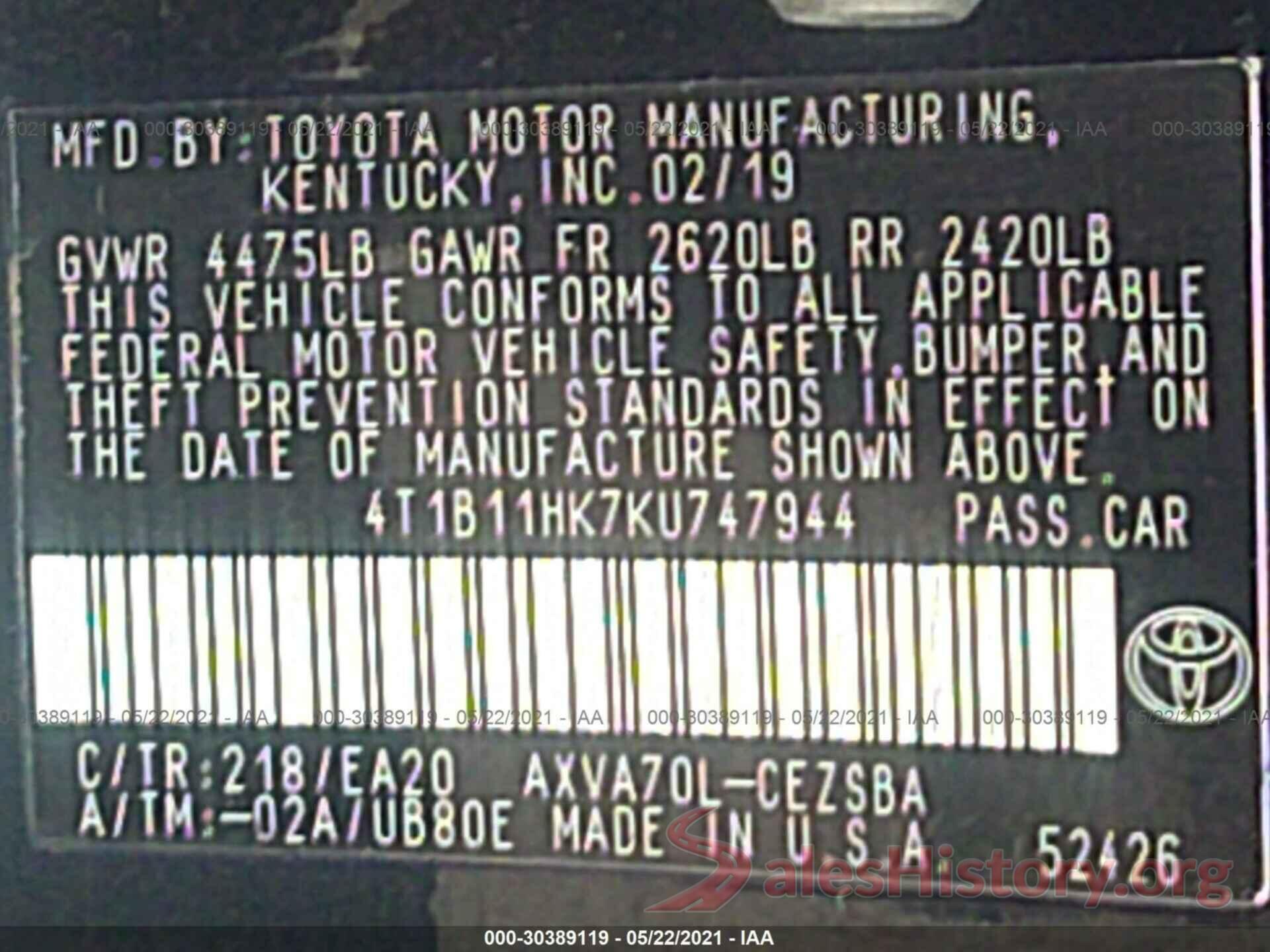 4T1B11HK7KU747944 2019 TOYOTA CAMRY