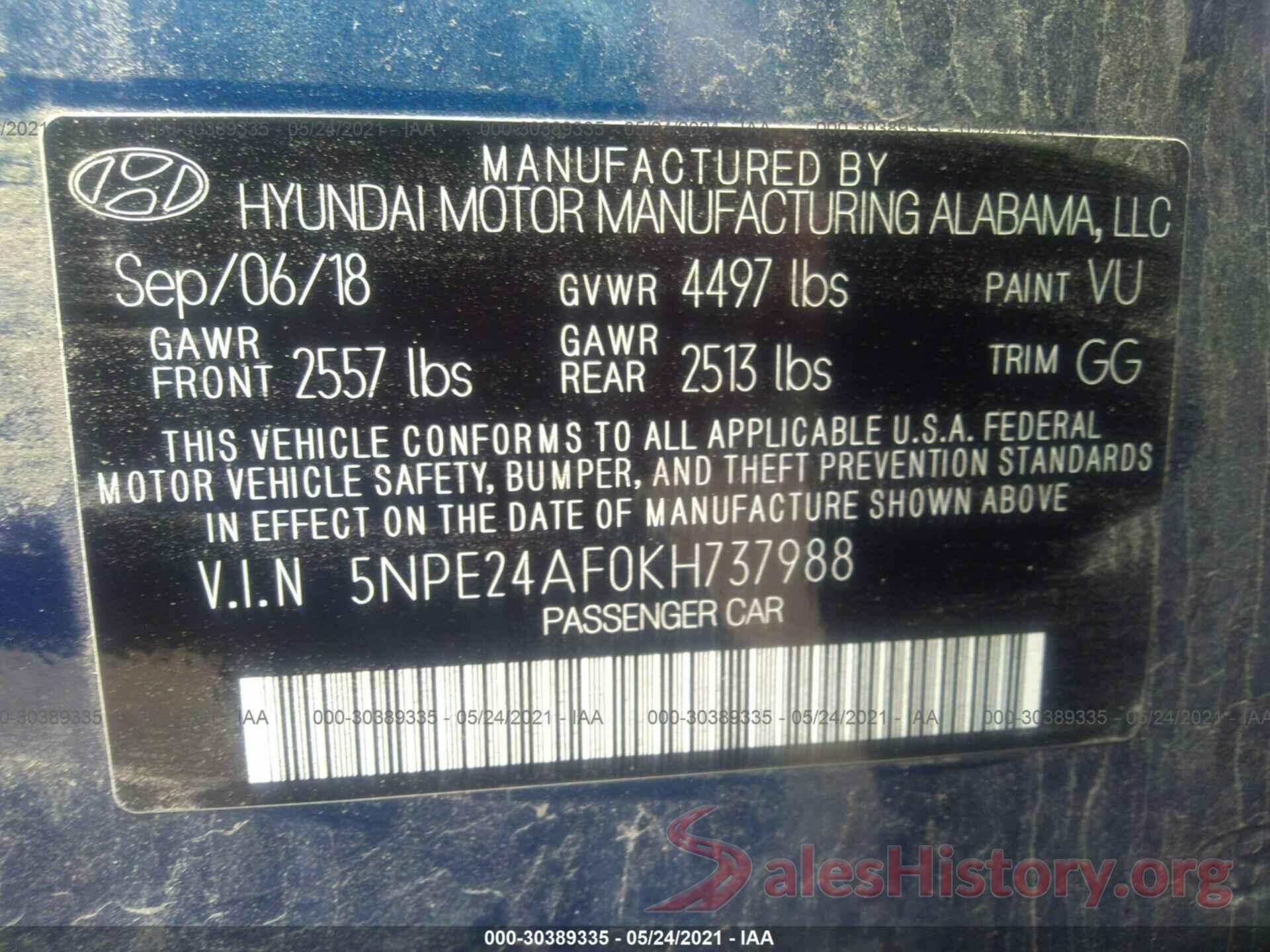 5NPE24AF0KH737988 2019 HYUNDAI SONATA