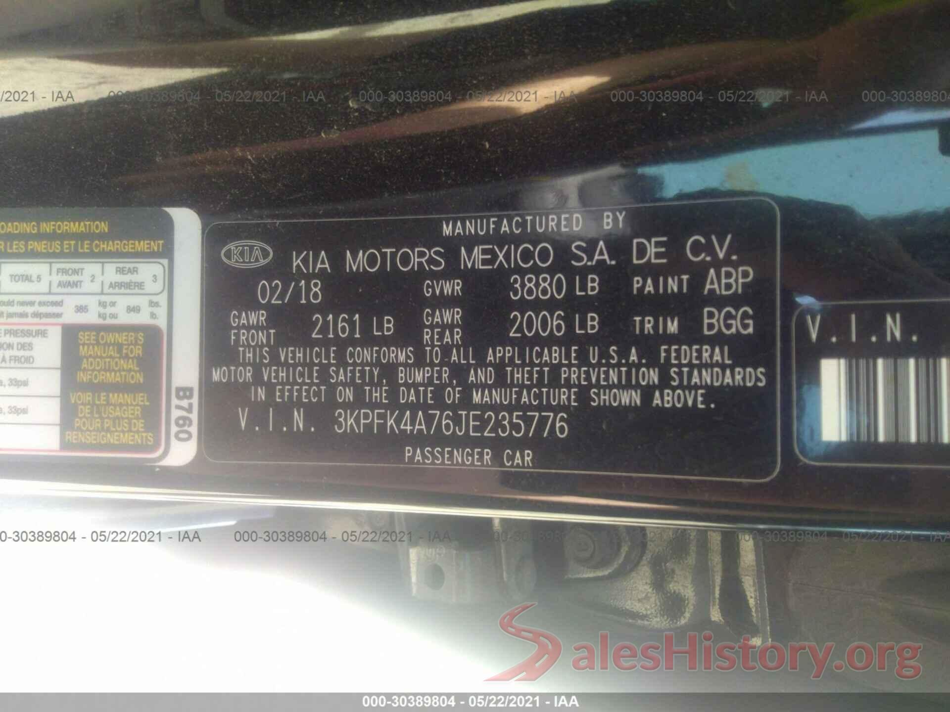 3KPFK4A76JE235776 2018 KIA FORTE