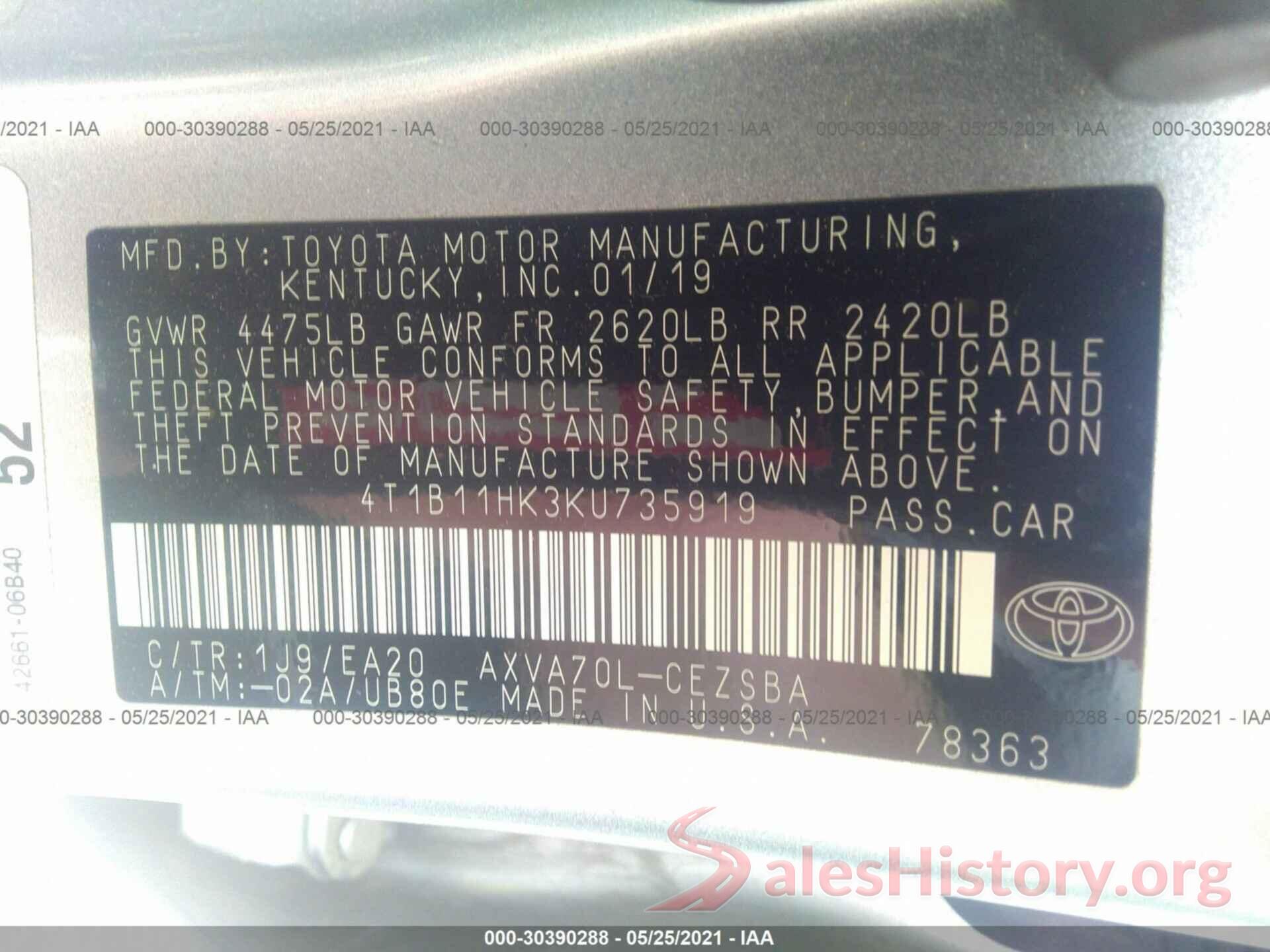 4T1B11HK3KU735919 2019 TOYOTA CAMRY