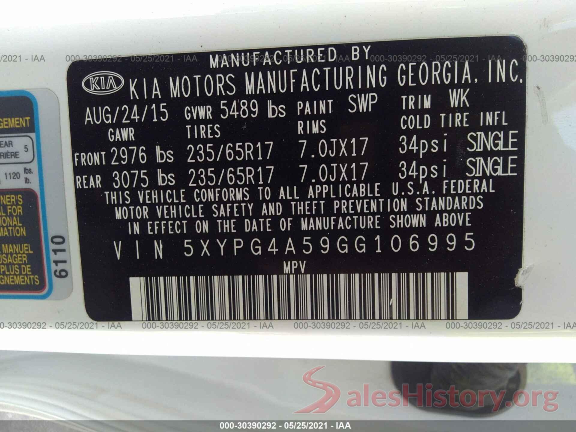 5XYPG4A59GG106995 2016 KIA SORENTO