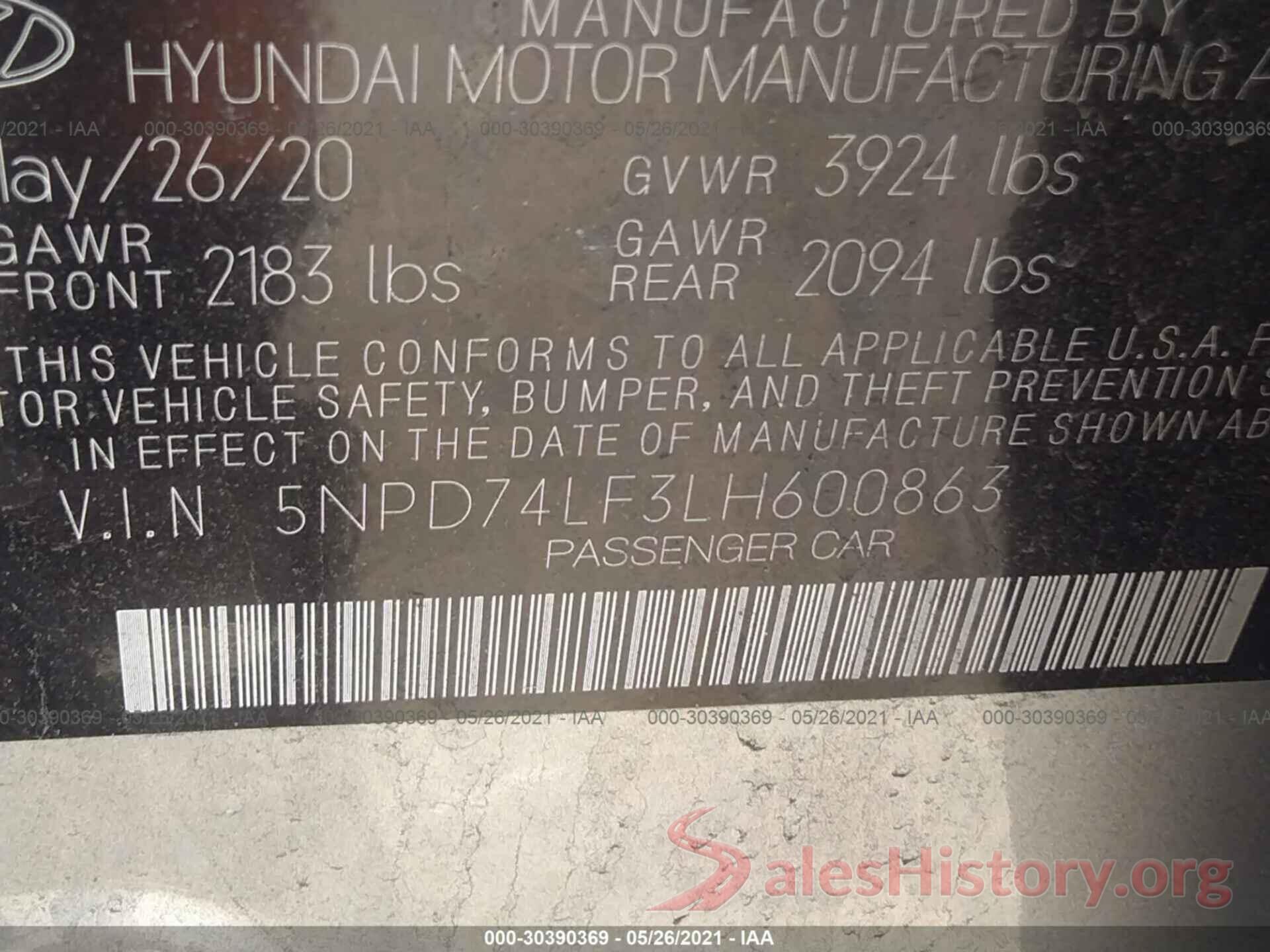 5NPD74LF3LH600863 2020 HYUNDAI ELANTRA