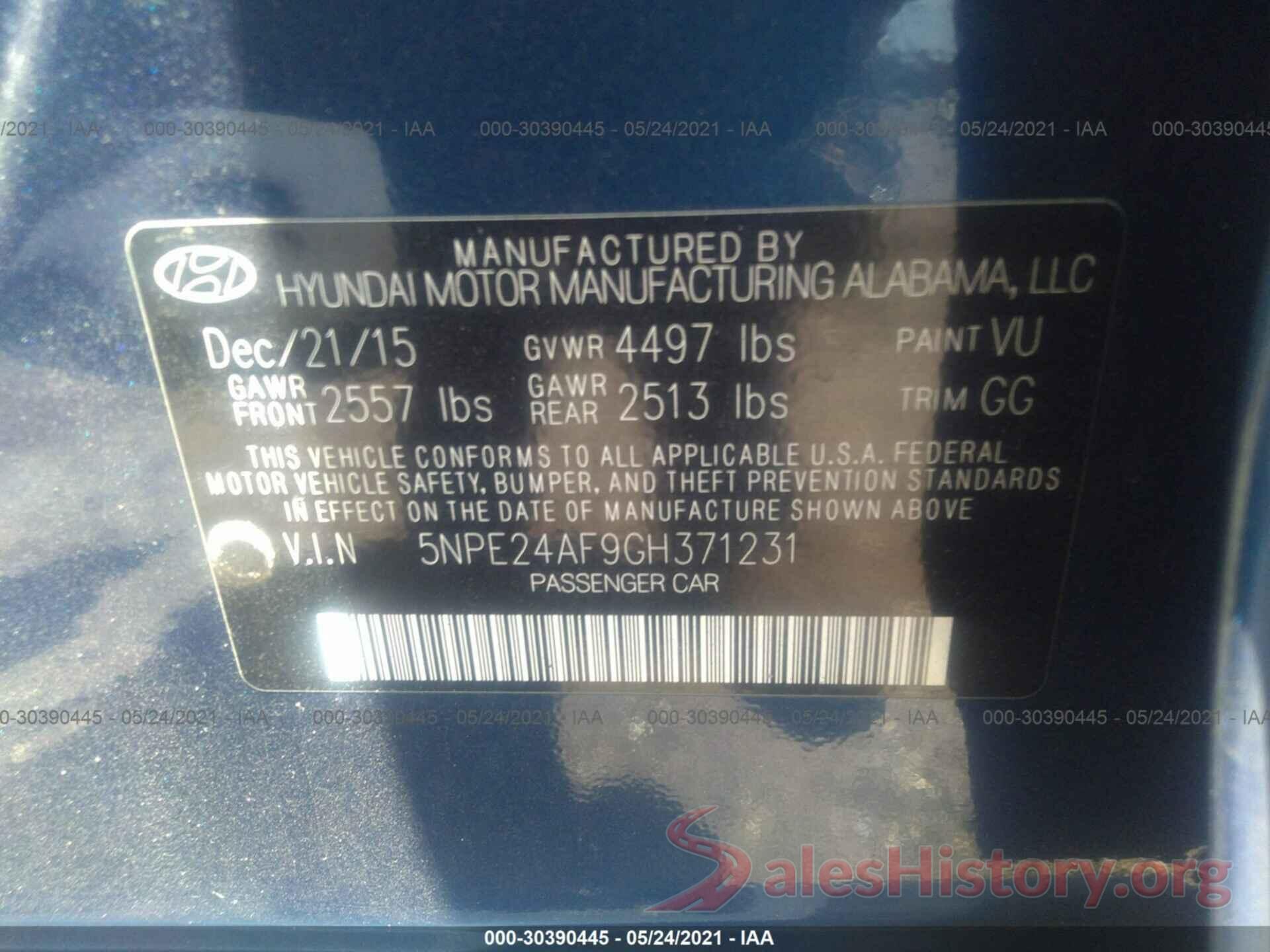 5NPE24AF9GH371231 2016 HYUNDAI SONATA