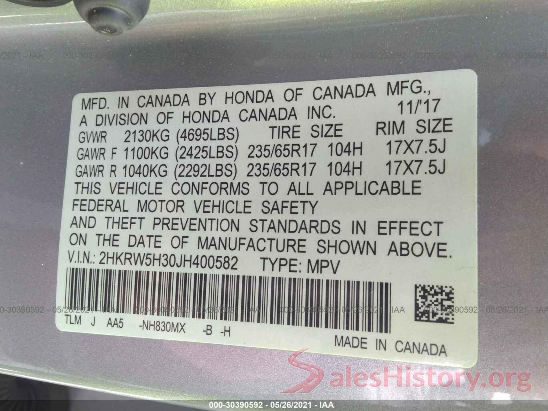 2HKRW5H30JH400582 2018 HONDA CR-V