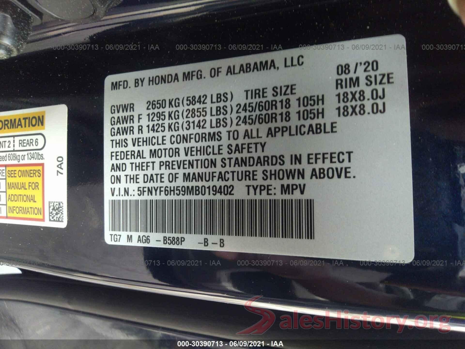 5FNYF6H59MB019402 2021 HONDA PILOT