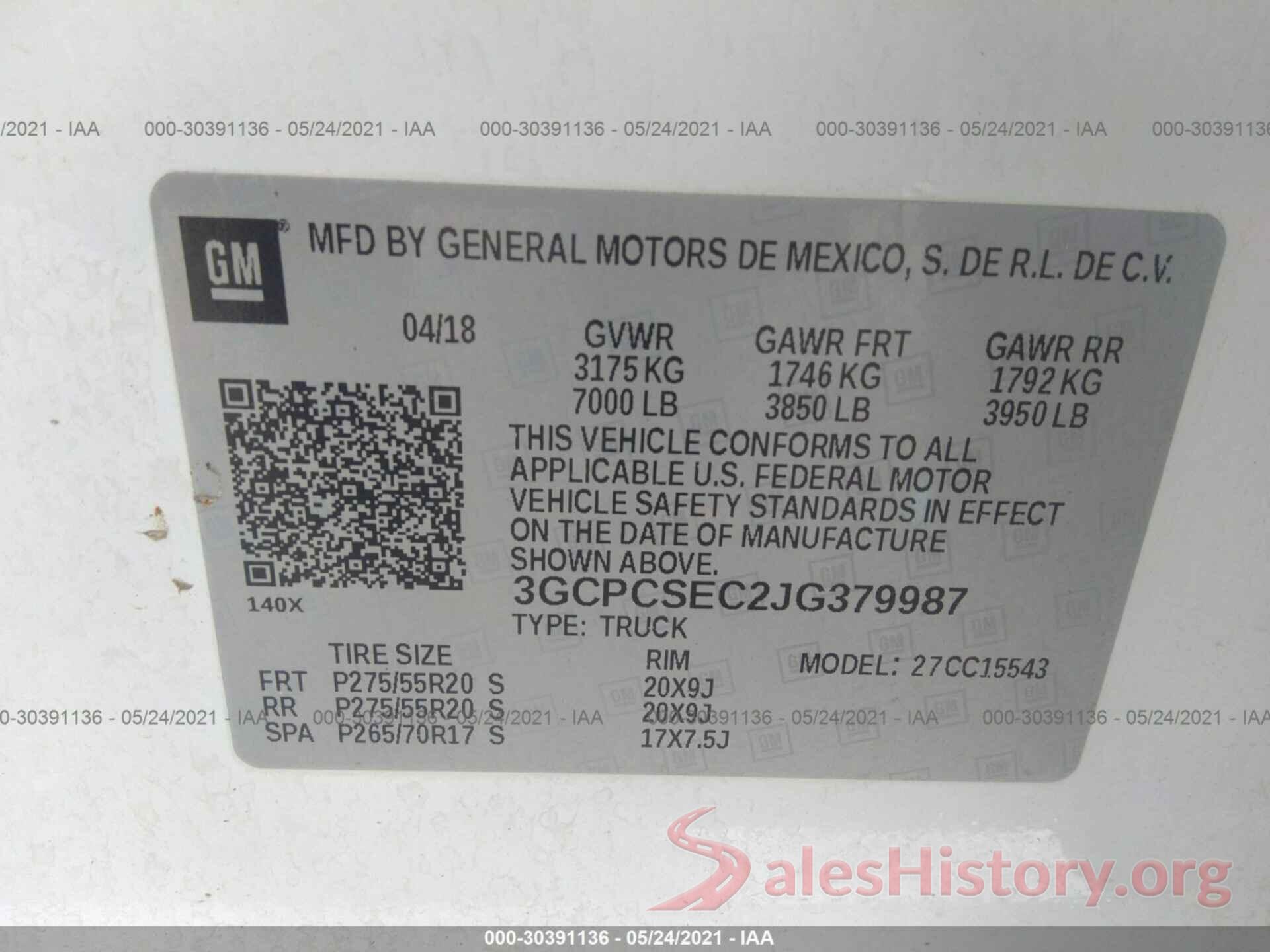 3GCPCSEC2JG379987 2018 CHEVROLET SILVERADO 1500