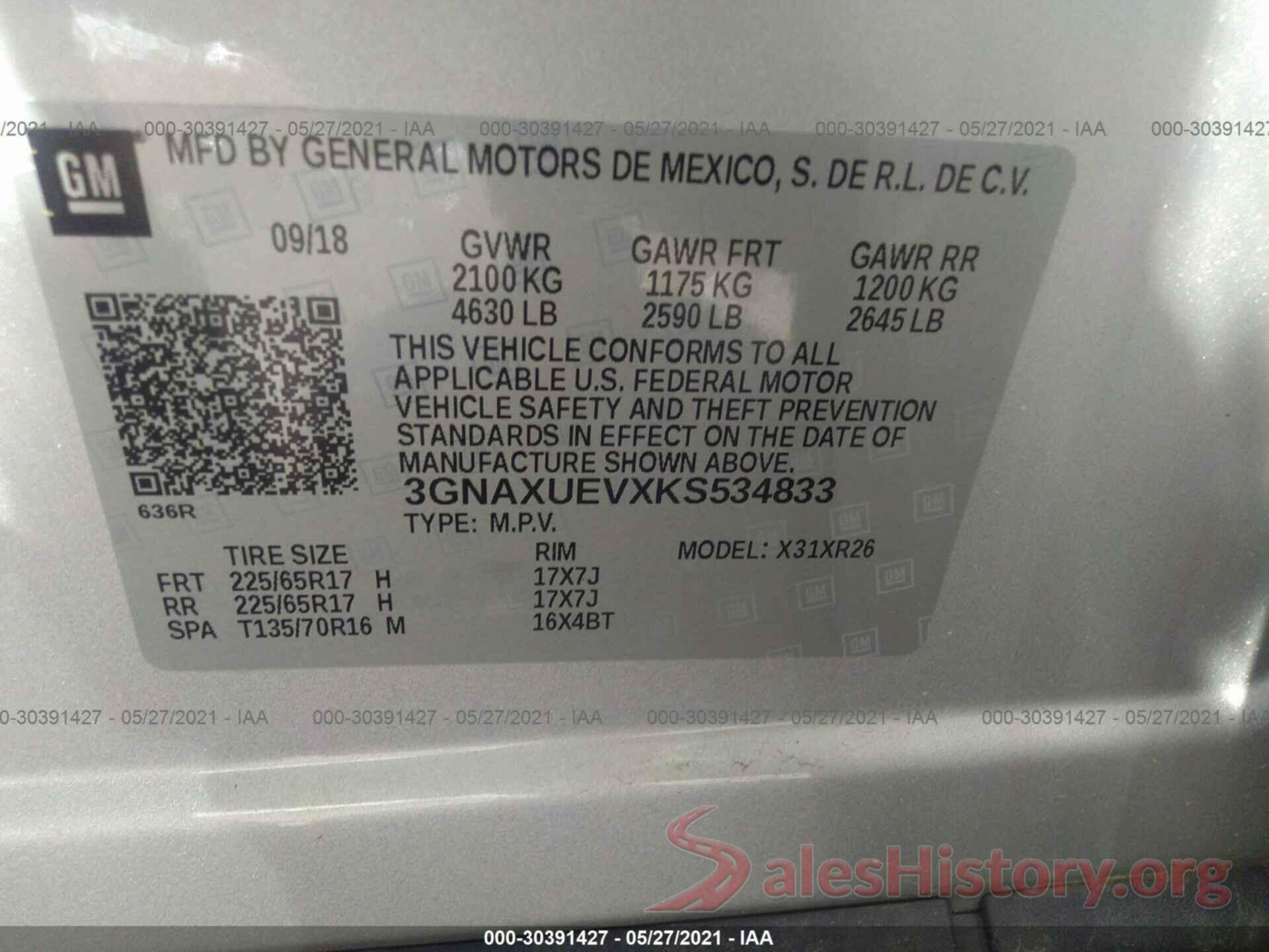 3GNAXUEVXKS534833 2019 CHEVROLET EQUINOX