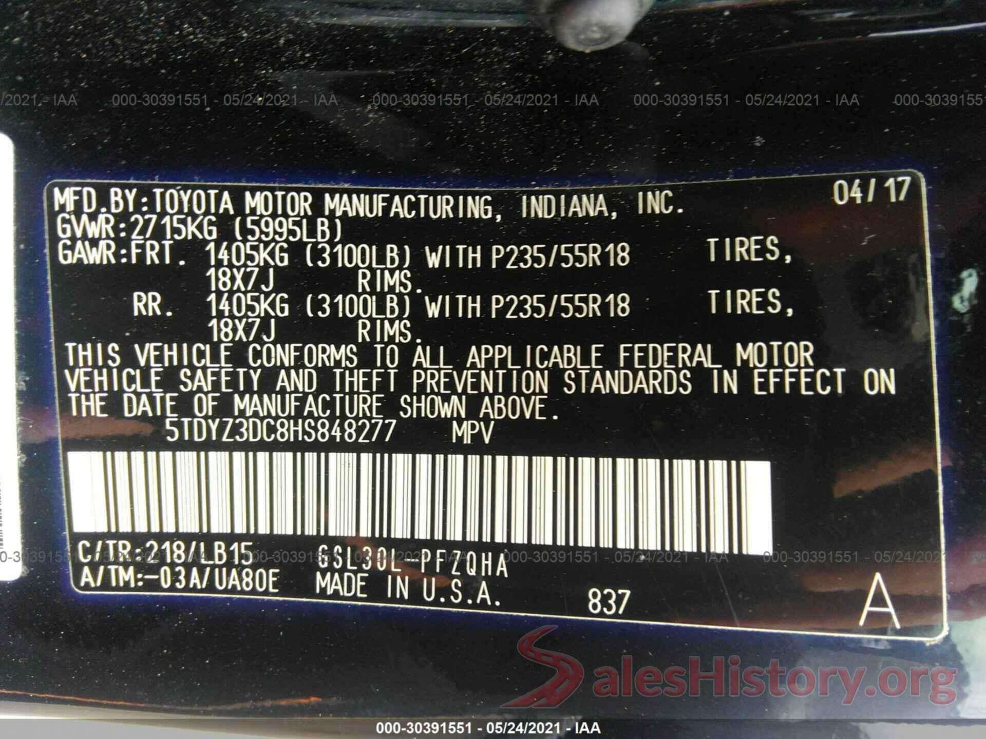 5TDYZ3DC8HS848277 2017 TOYOTA SIENNA