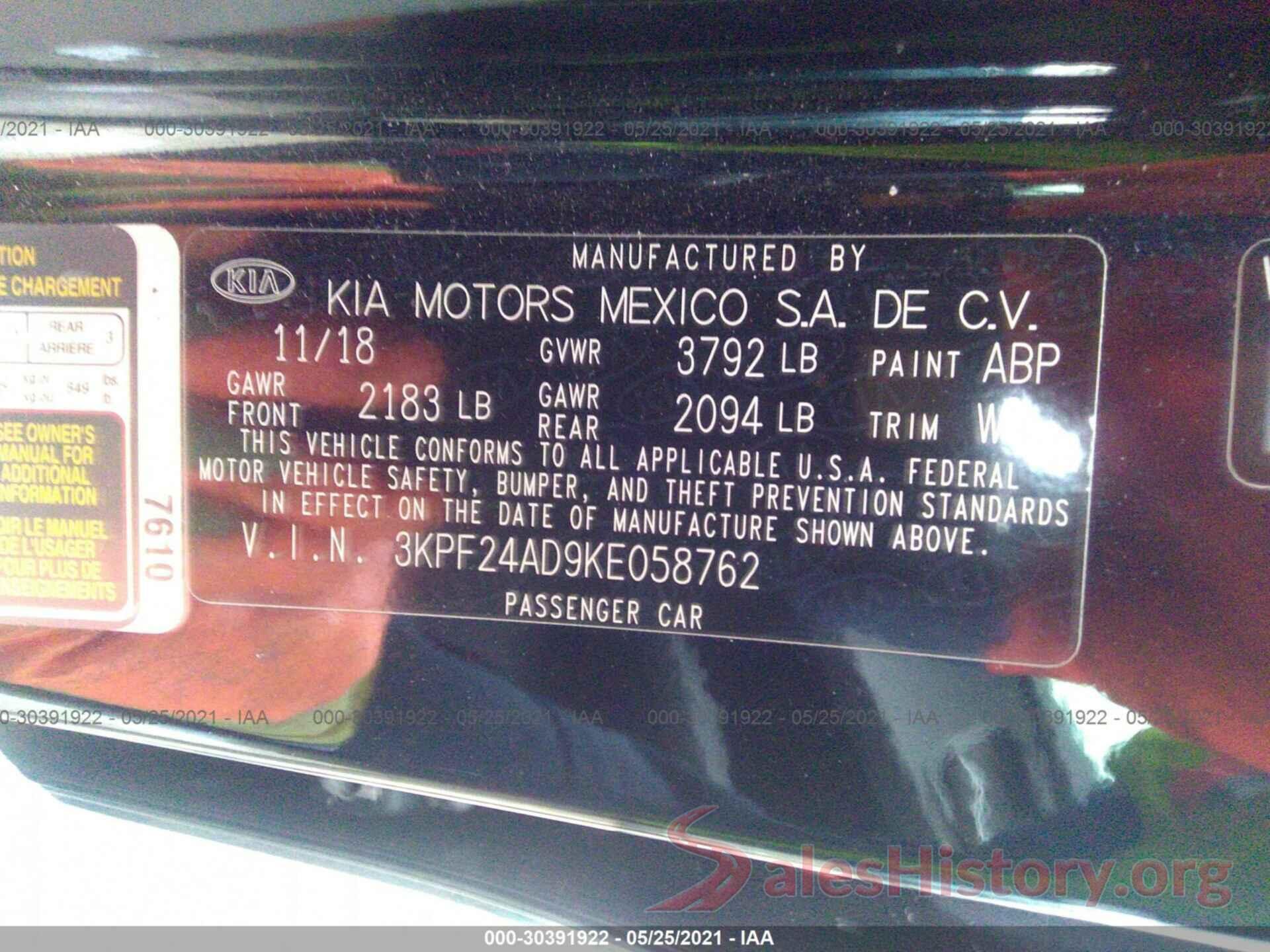 3KPF24AD9KE058762 2019 KIA FORTE