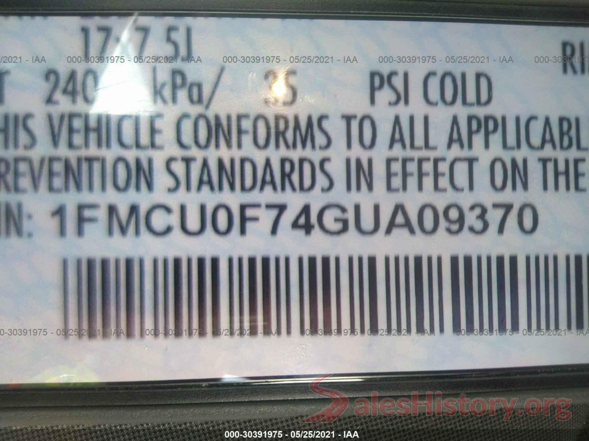 1FMCU0F74GUA09370 2016 FORD ESCAPE