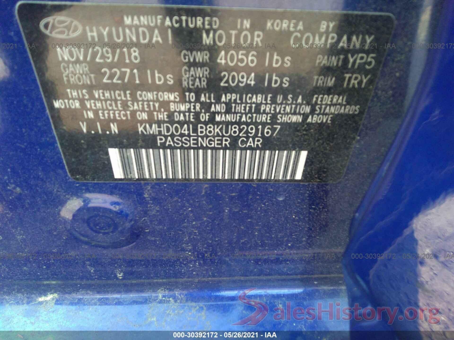 KMHD04LB8KU829167 2019 HYUNDAI ELANTRA