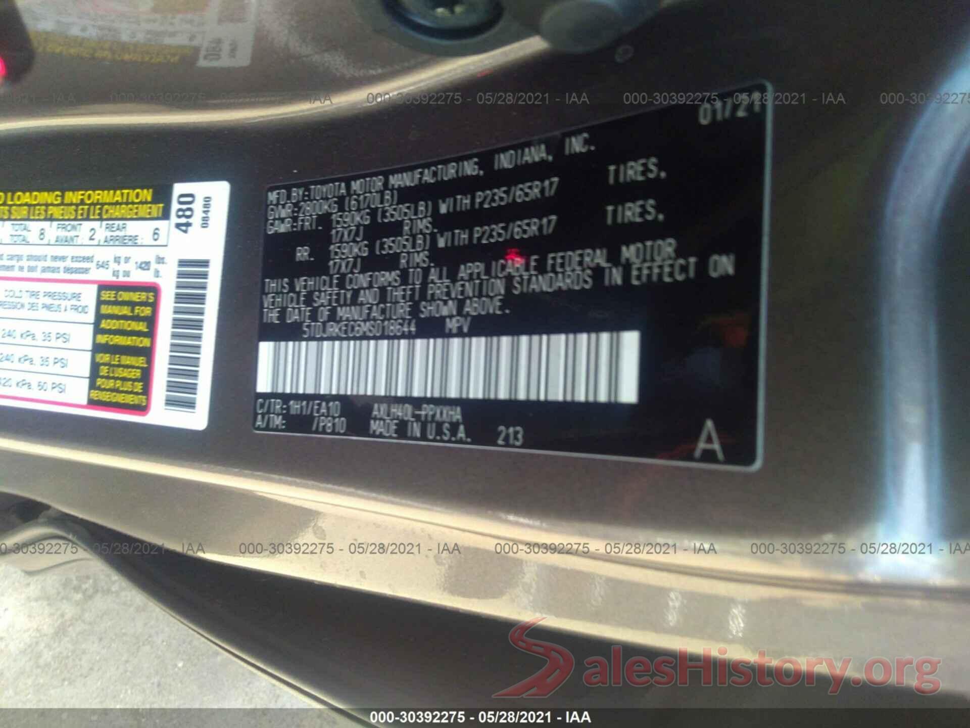 5TDJRKEC6MS018644 2021 TOYOTA SIENNA