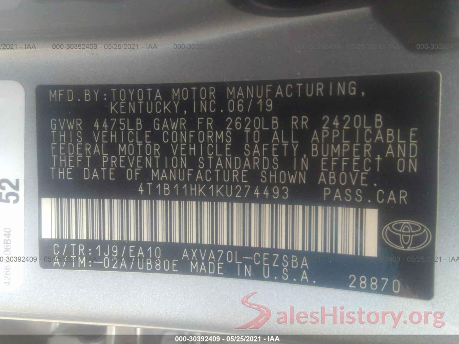 4T1B11HK1KU274493 2019 TOYOTA CAMRY